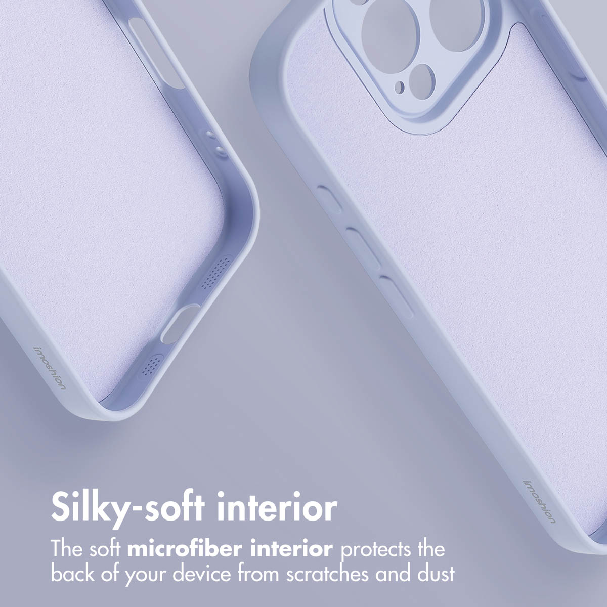 Deux coques de téléphone bleu clair avec intérieur en microfibre douce sur fond gris.