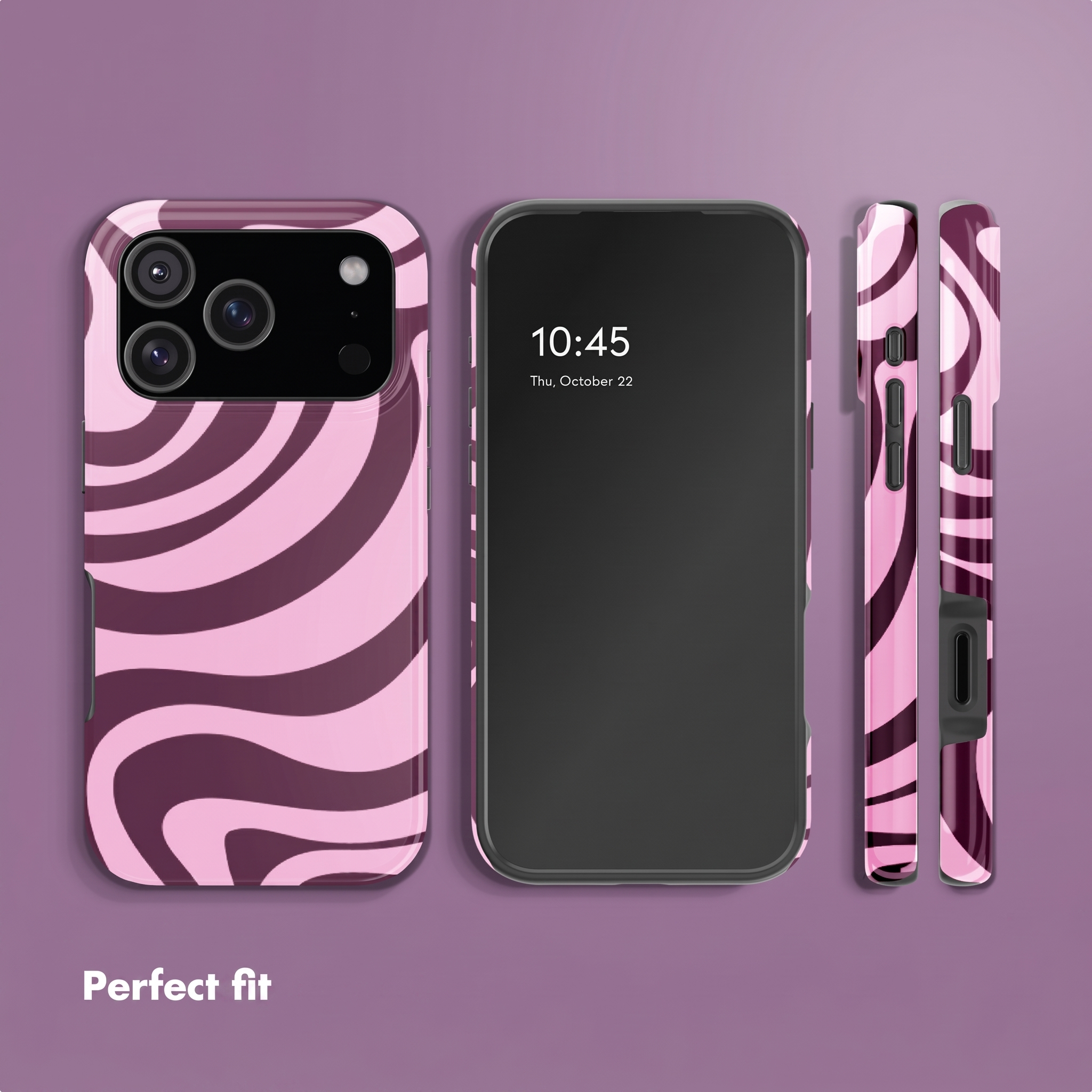 Ein Smartphone mit einer pink-violetten Wirbelmuster-Schutzhülle liegt auf violettem Hintergrund.
