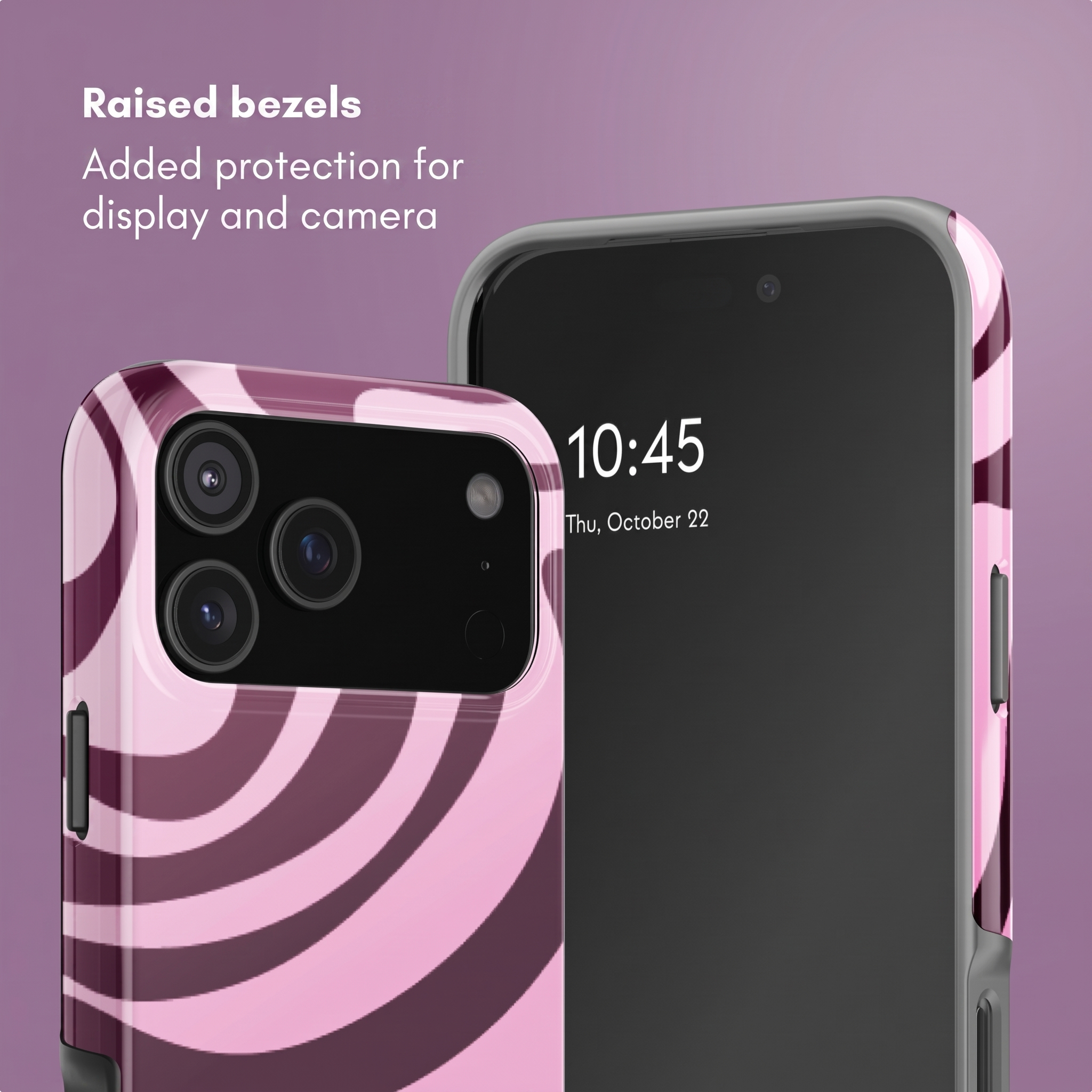 Zwei Smartphones mit rosa- und dunkelvioletten Wirbelmuster-Hüllen vor einem lila Hintergrund.