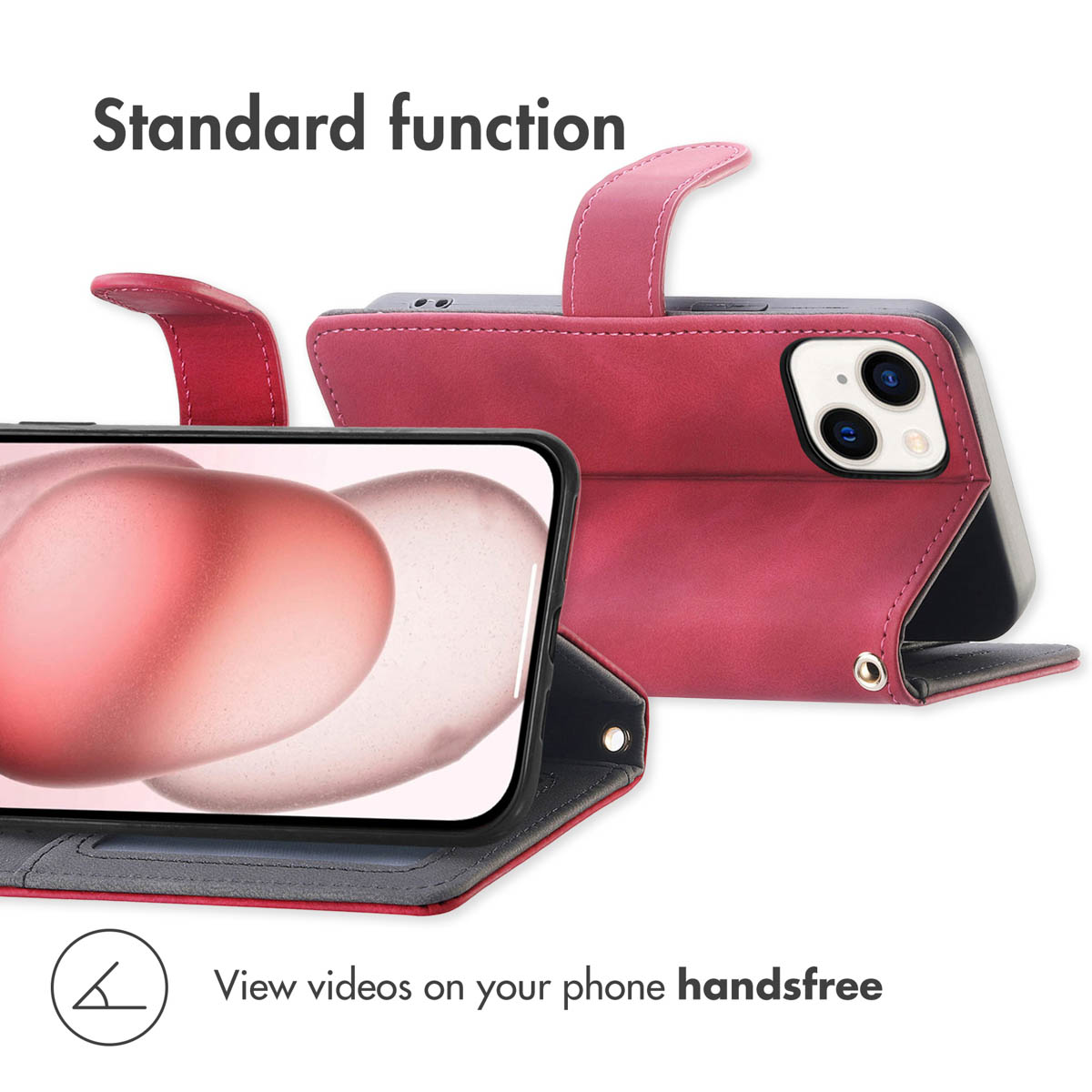 Roze lederen telefoonhoesje met flipcover en ingebouwde standaard.