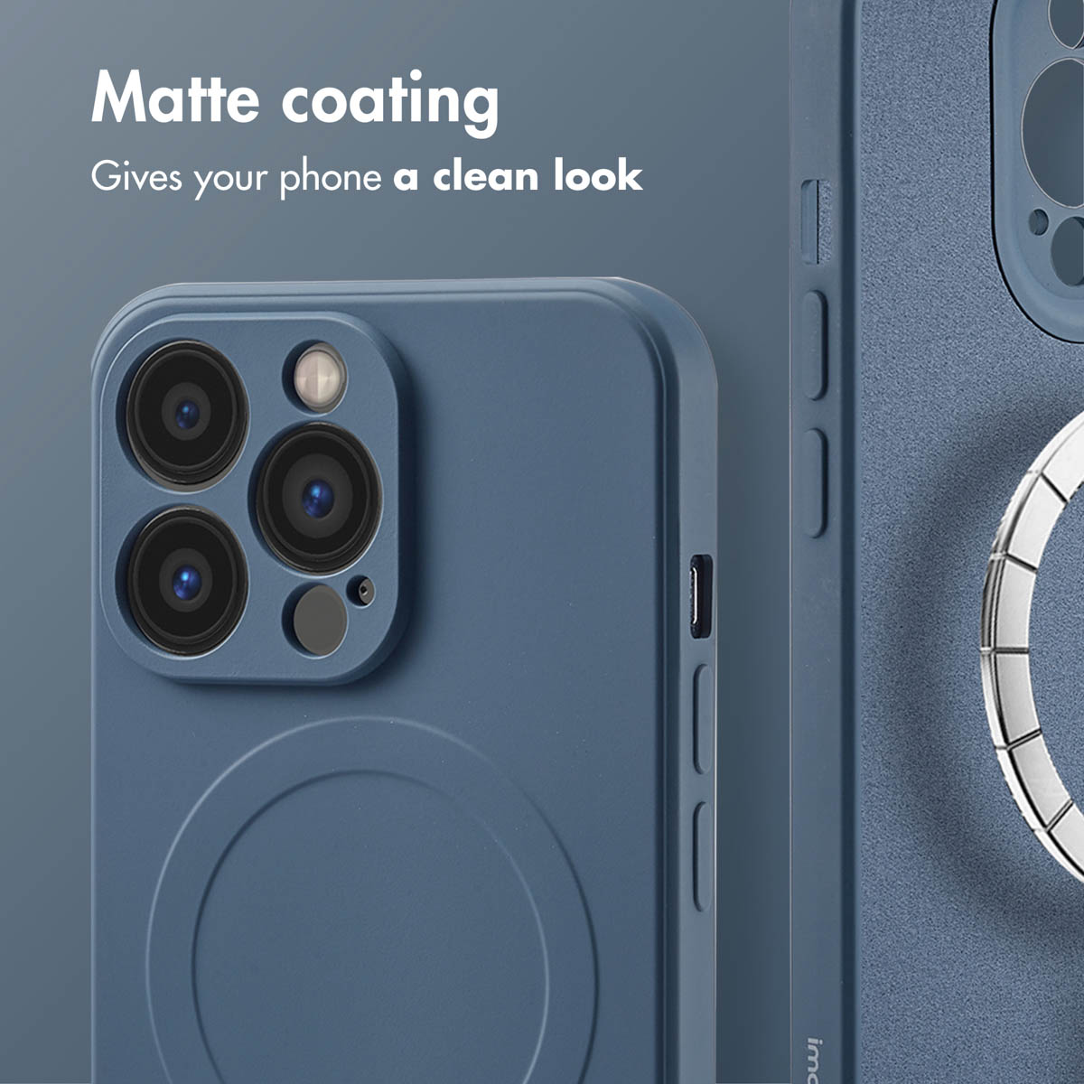 Primo piano di una custodia per telefono blu opaco con aperture per la fotocamera e testo descrittivo.