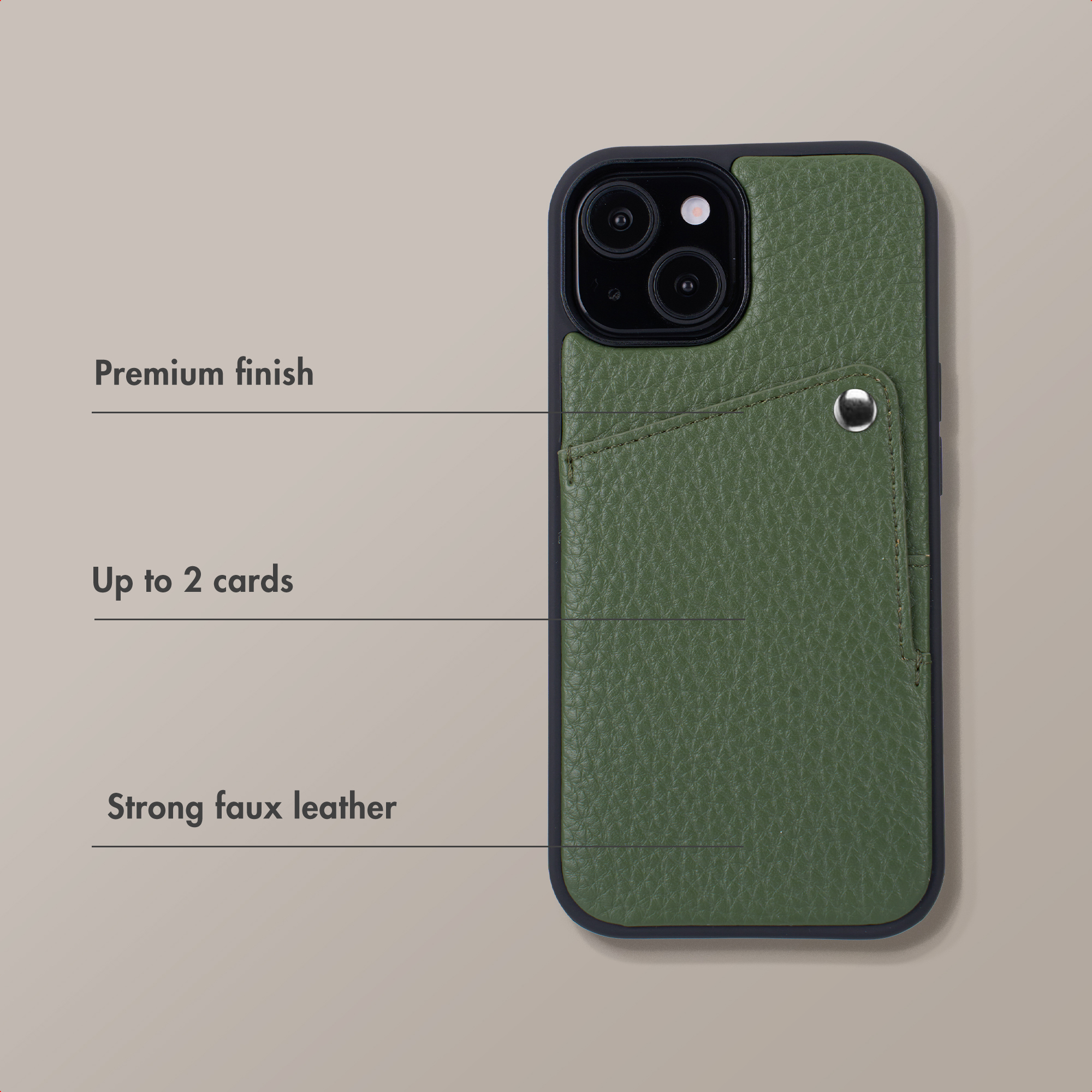 Coque de téléphone en cuir vert avec porte-cartes et descriptions à gauche.