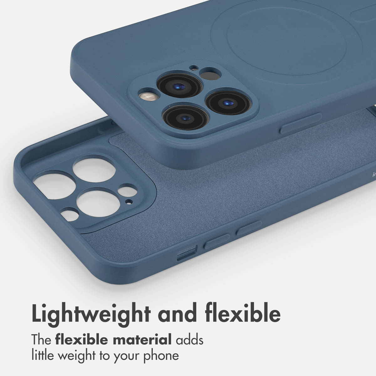Custodia per smartphone blu con ritagli per fotocamera e testo.