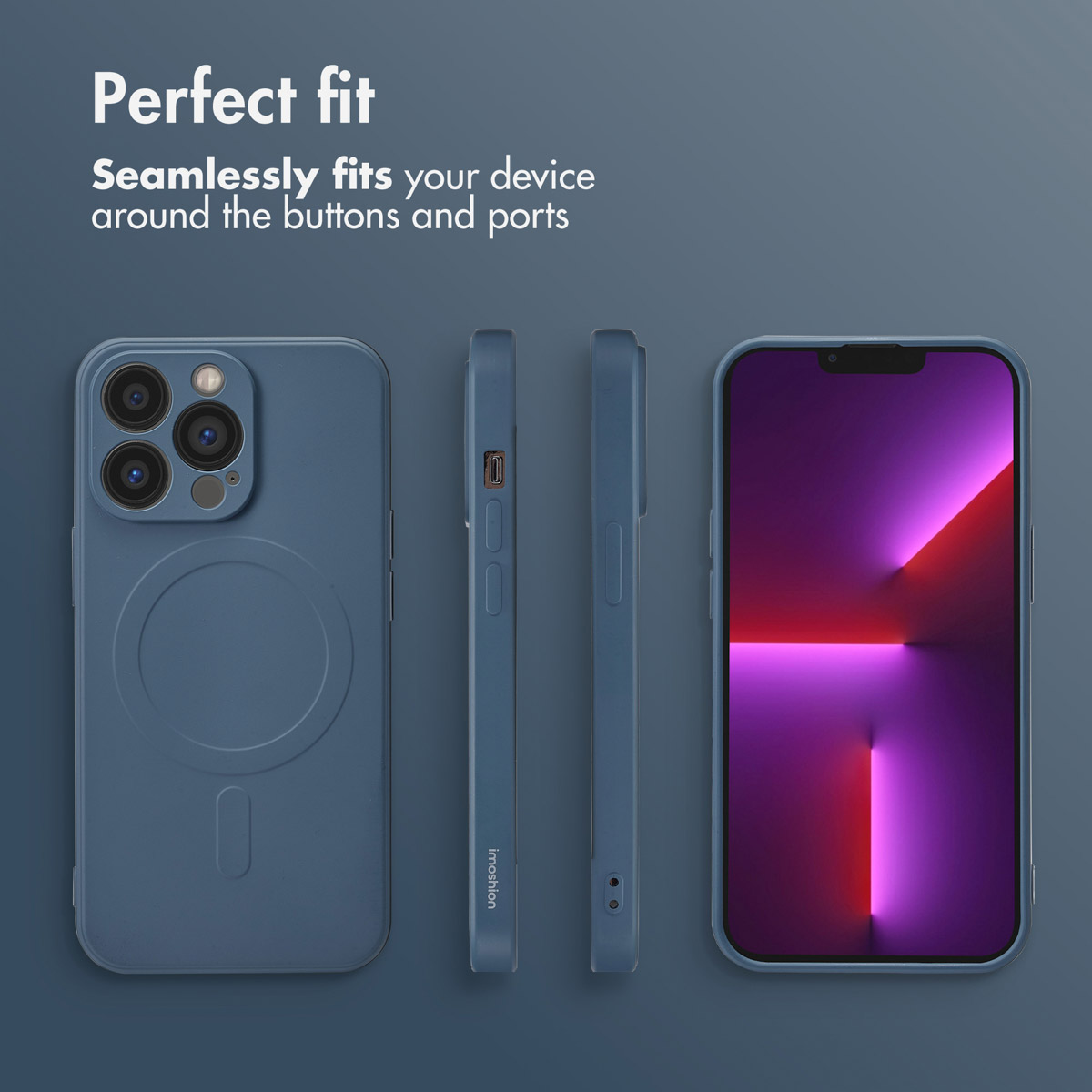 Cover blu per smartphone mostrata da varie angolazioni.