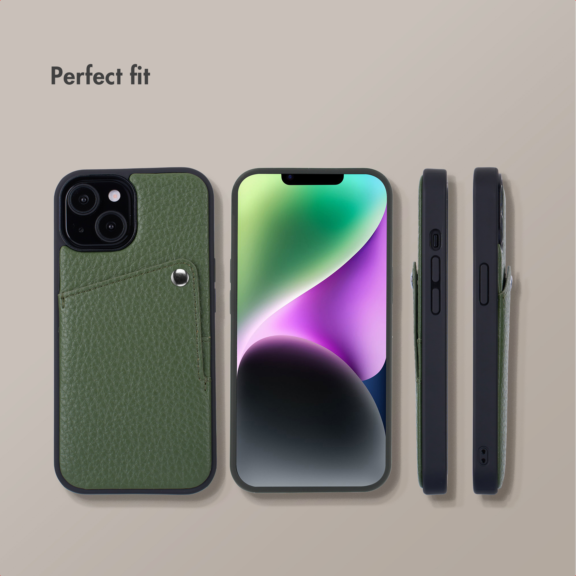 Coque de téléphone en cuir vert avec poche pour cartes sur fond gris, plusieurs angles.