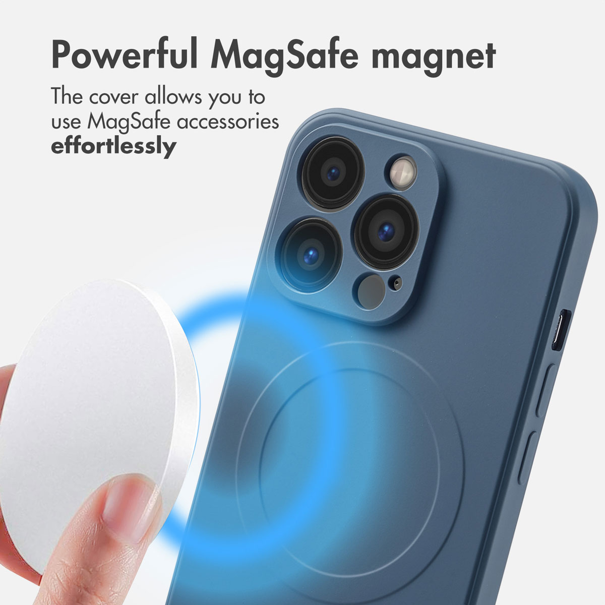 Custodia blu per iPhone con anello magnetico MagSafe e disco bianco.