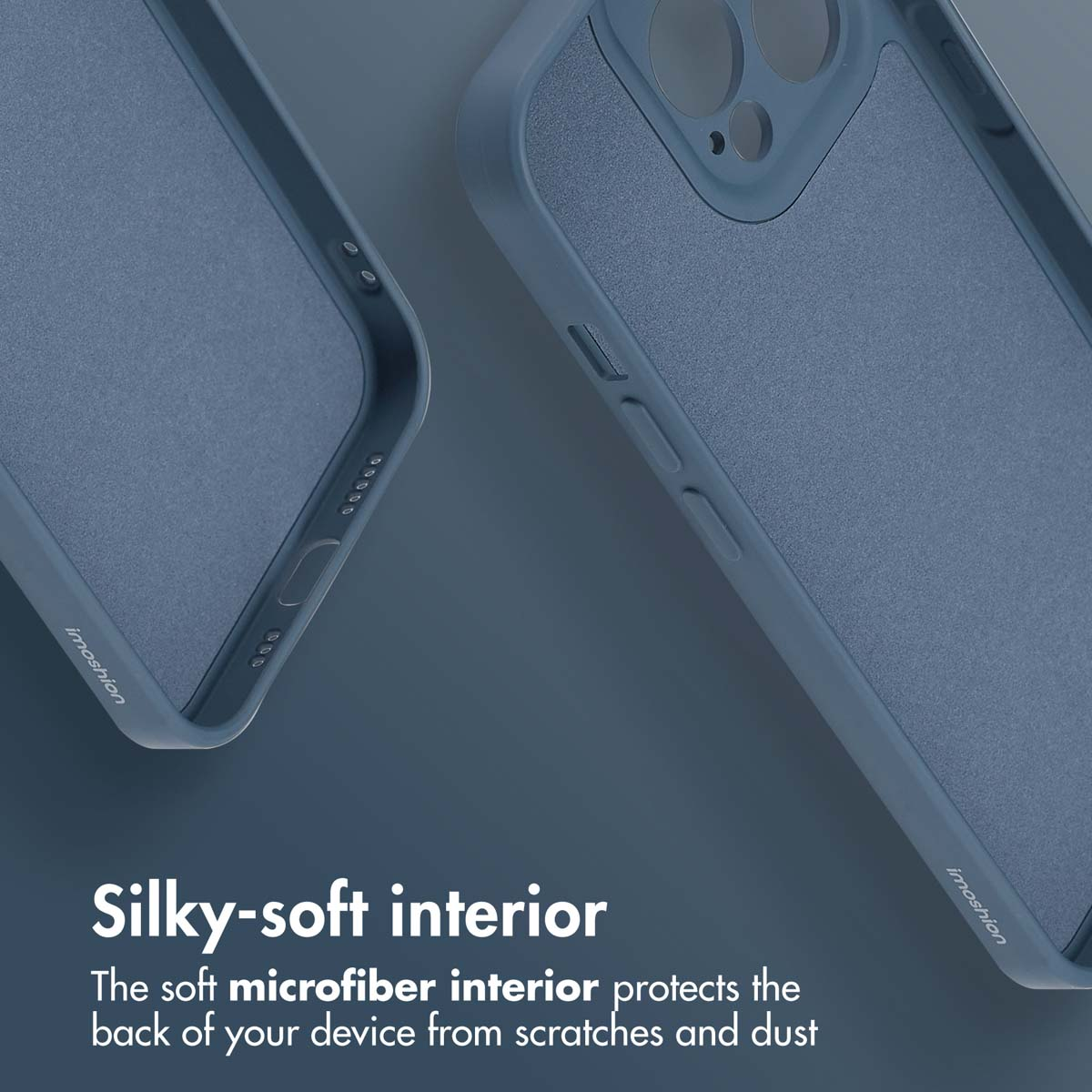 Custodia per smartphone blu con interno in morbida microfibra e testo.