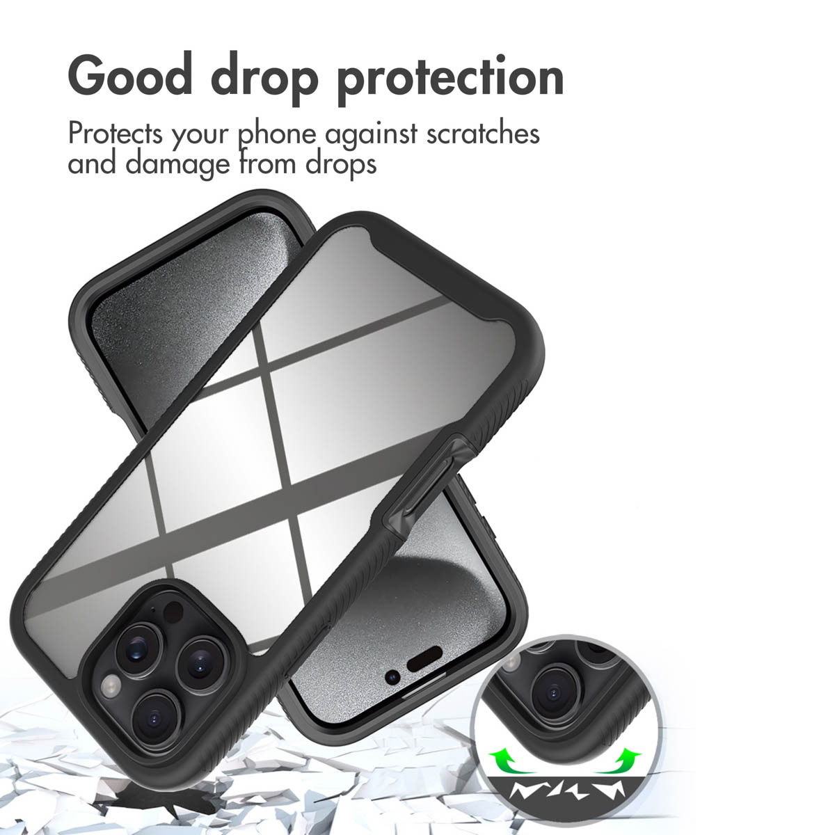 Funda de teléfono negra protectora con trasera transparente sobre un fondo blanco agrietado.