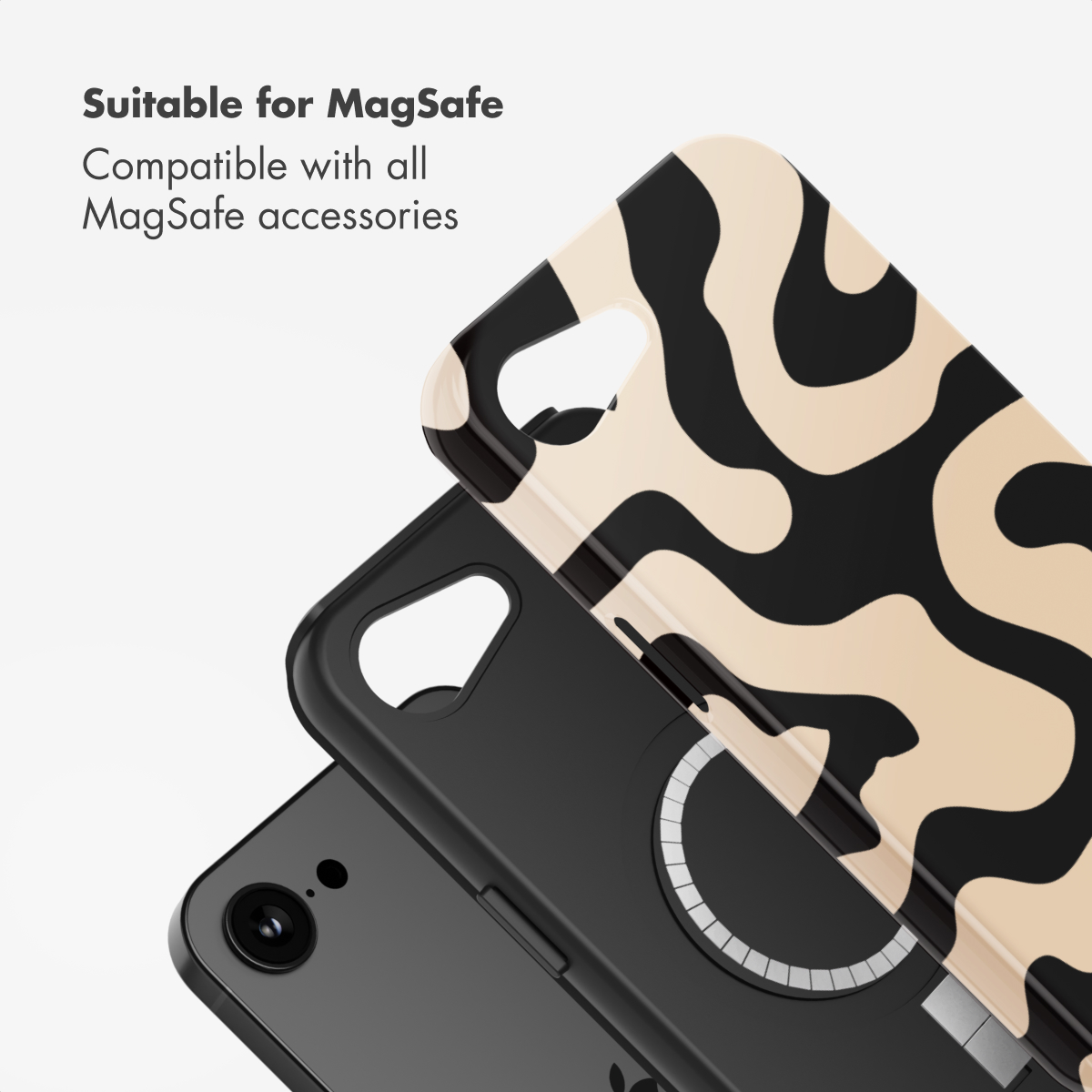Custodia per telefono compatibile MagSafe con motivo a onde nero e beige su sfondo bianco.