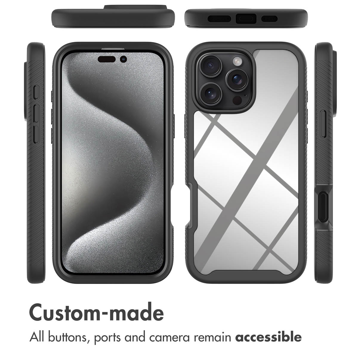 Funda de teléfono negra desde varios ángulos con botones y puertos accesibles.