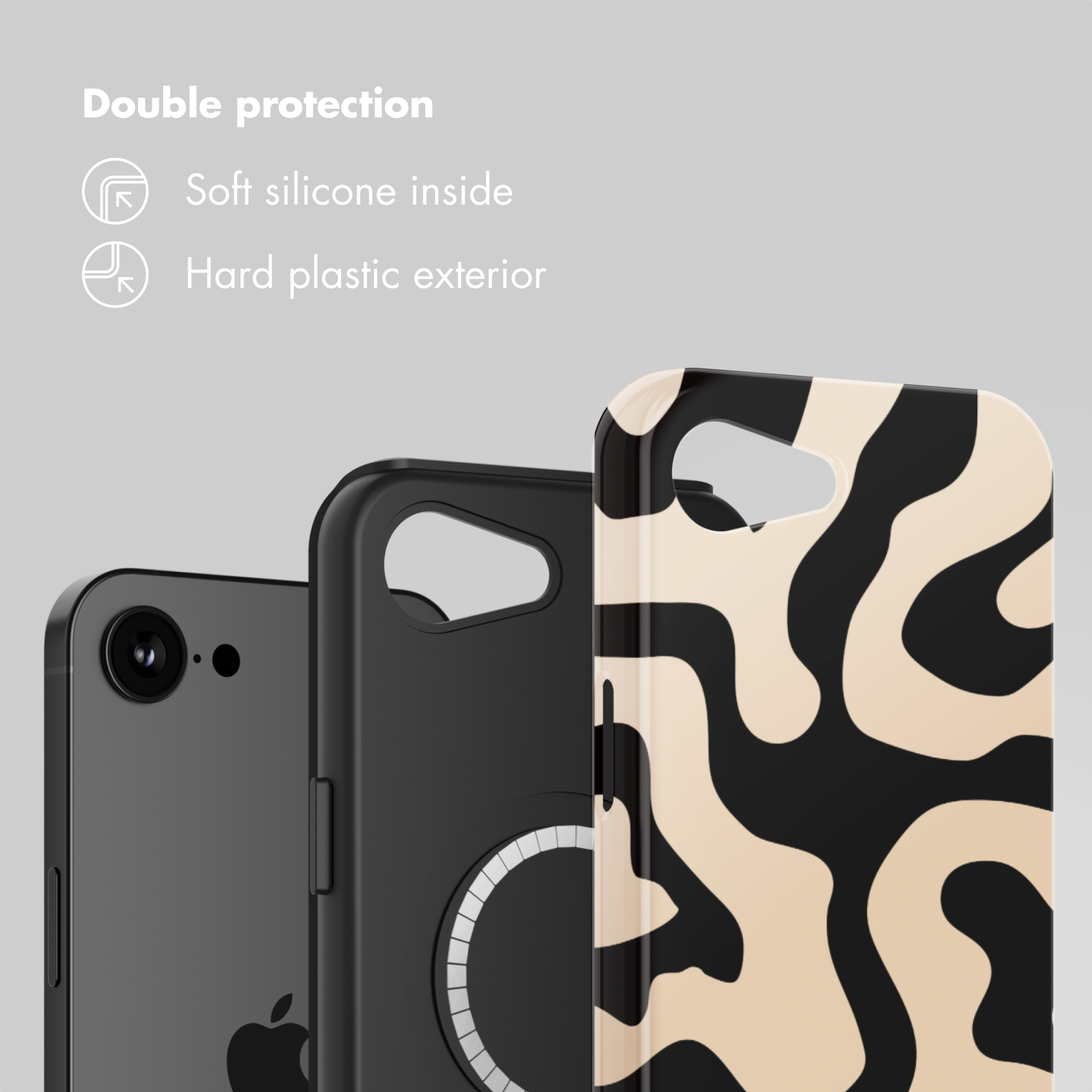 Custodia per telefono con interno in morbido silicone ed esterno in plastica rigida.