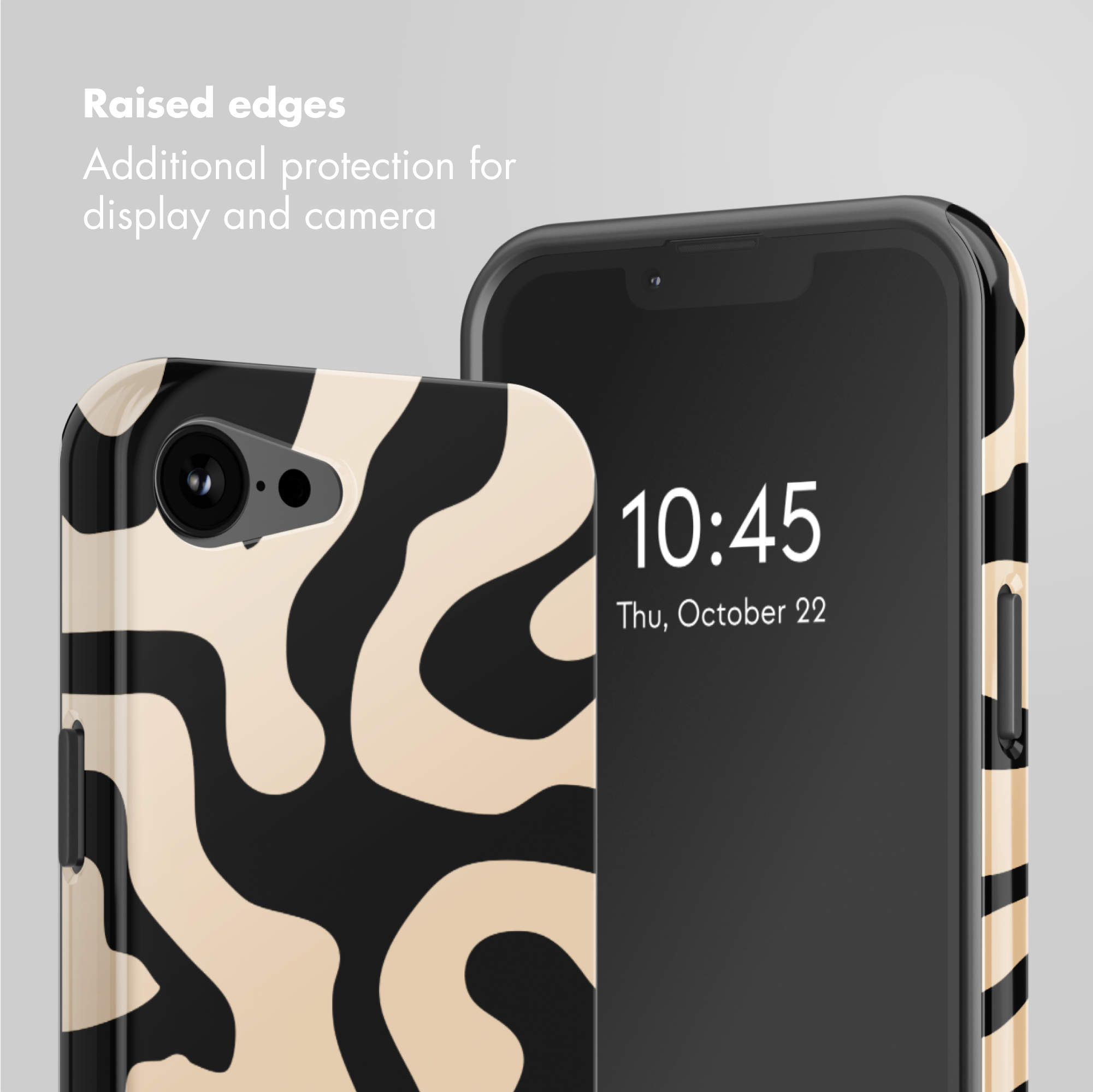 Una cover per telefono con motivo astratto nero e beige e bordi rialzati.