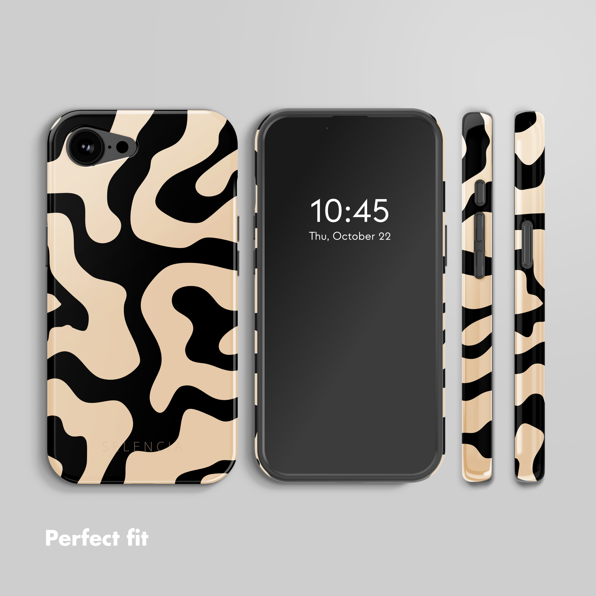 Smartphone con custodia protettiva con motivo astratto beige e nero su sfondo grigio chiaro.