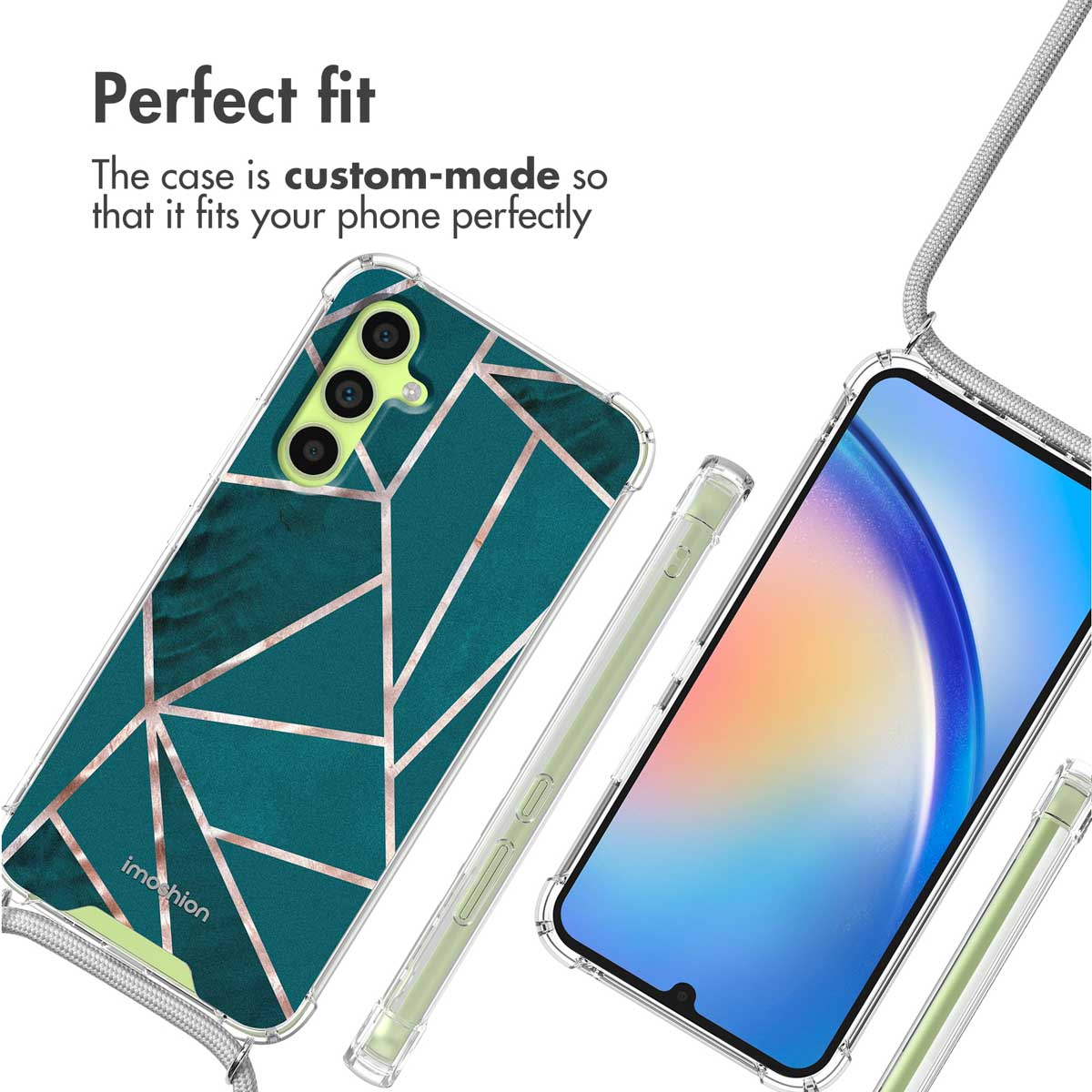 Coque de téléphone avec motifs géométriques vert et or, lanière et smartphone à écran bleu.