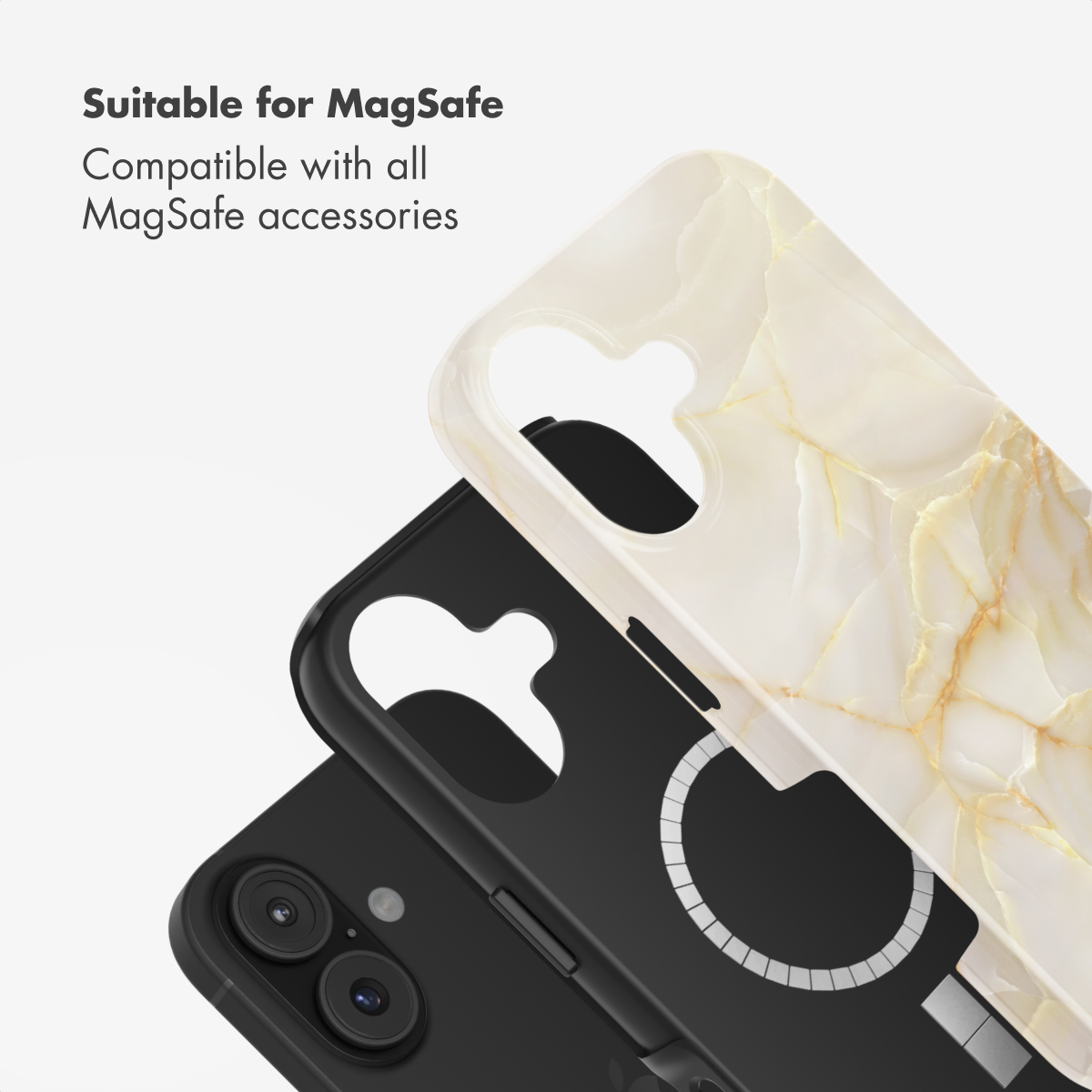 Custodia MagSafe con motivo marmo sopra uno smartphone nero.