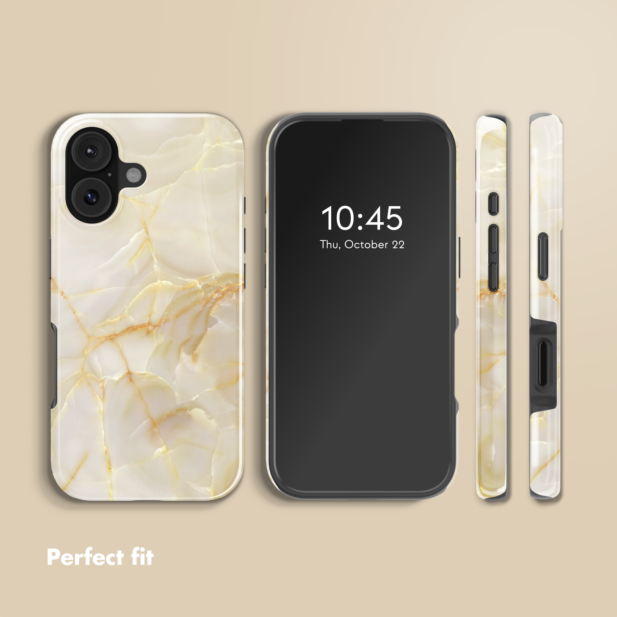 Molteplici angolazioni di uno smartphone in una custodia in marmo bianco e oro su sfondo beige.