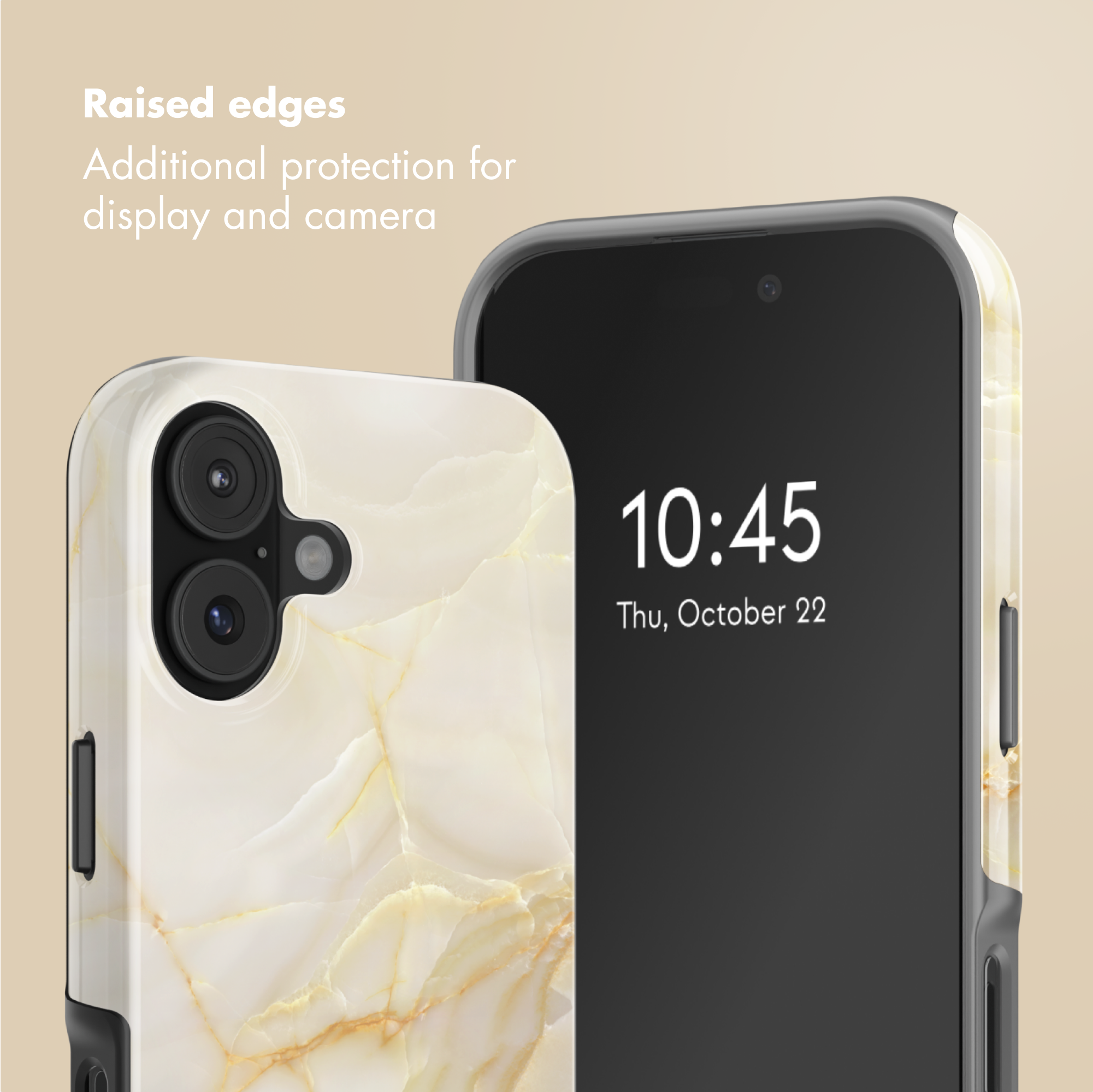 Due smartphone con custodia in marmo bianco e testo sullo sfondo.
