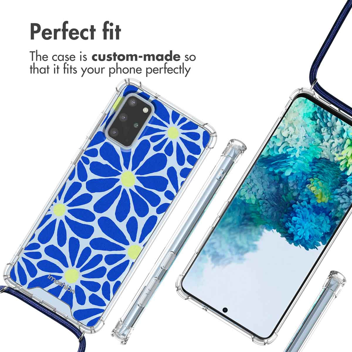 Transparant hoesje met blauw bloemenpatroon, camera-uitsparing en draagkoord, perfect op maat voor de smartphone.