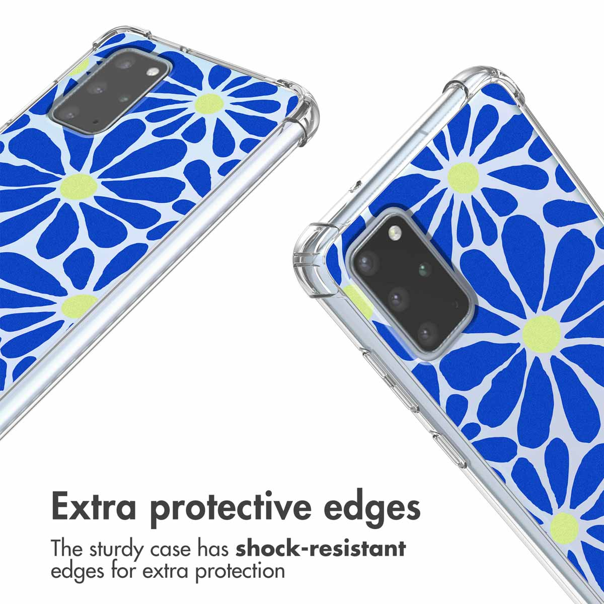Transparant hoesje met blauw bloemenpatroon en schokbestendige hoeken.