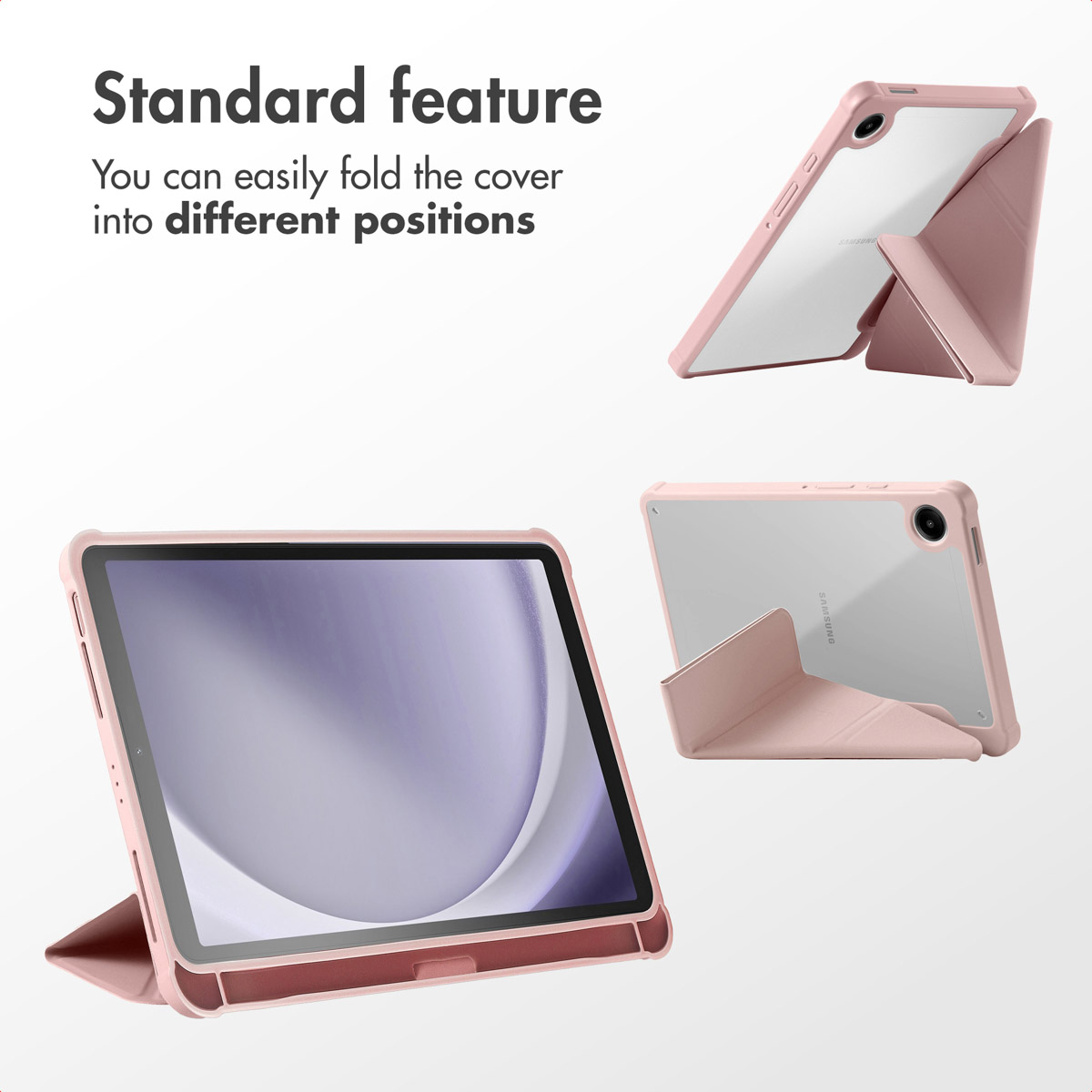 A pink tablet in a folding stand case, shown from multiple angles against a white background with text.