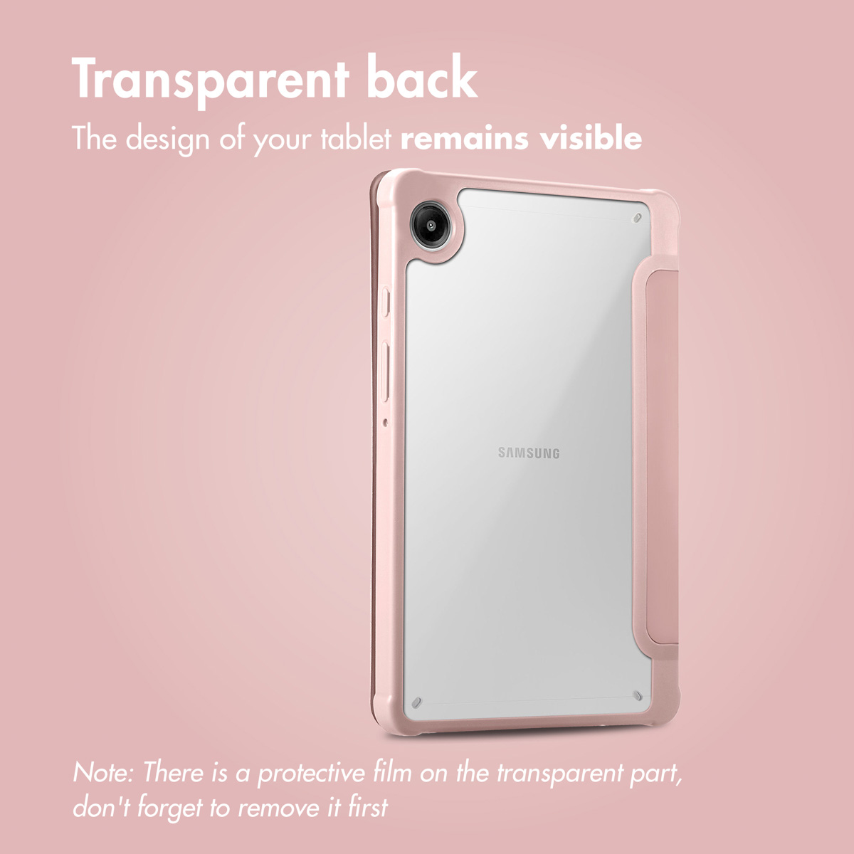 Pink tablet case with a transparent back showing the Samsung logo, set against a pink background.