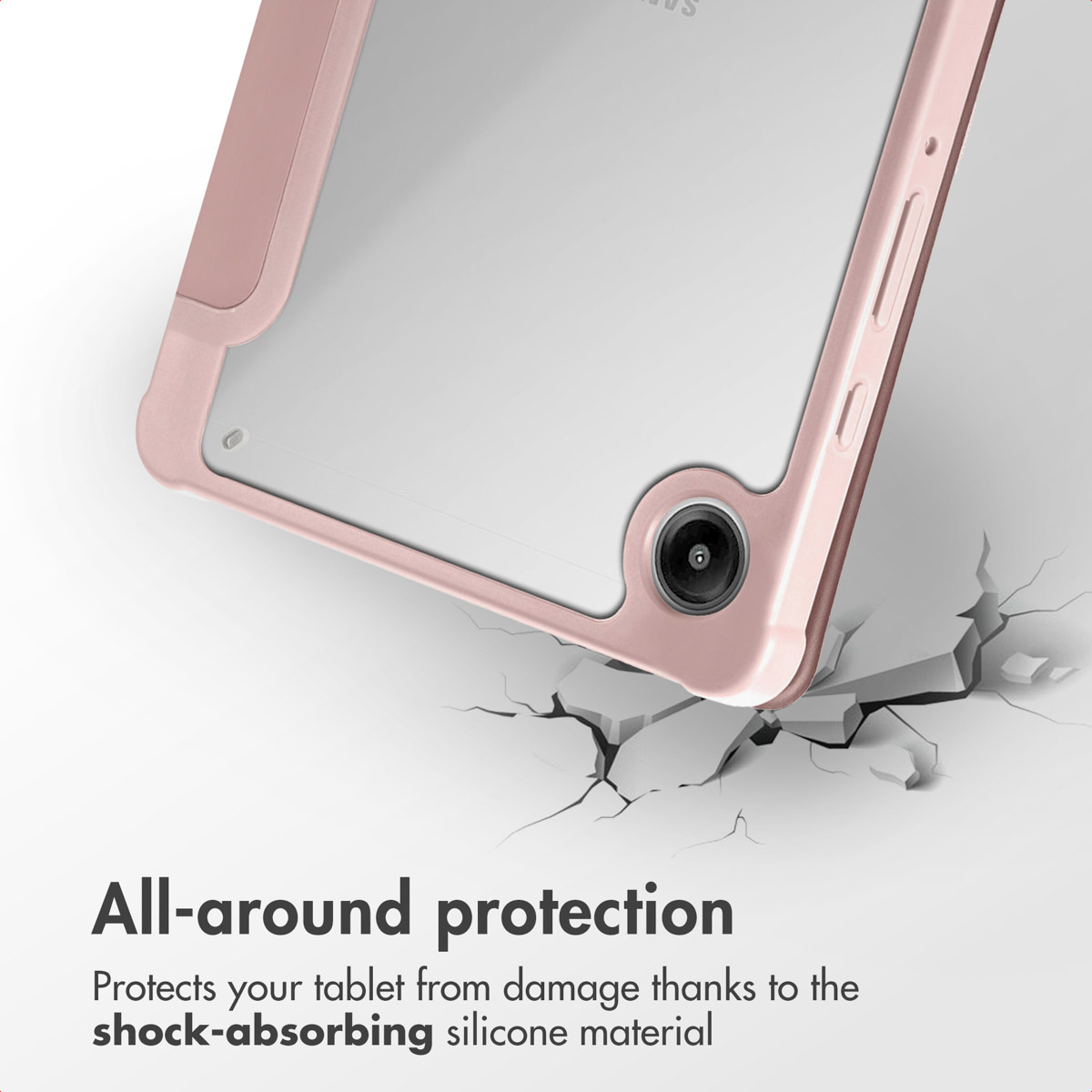 Pink tablet case showing shock-absorbing material and protective text.