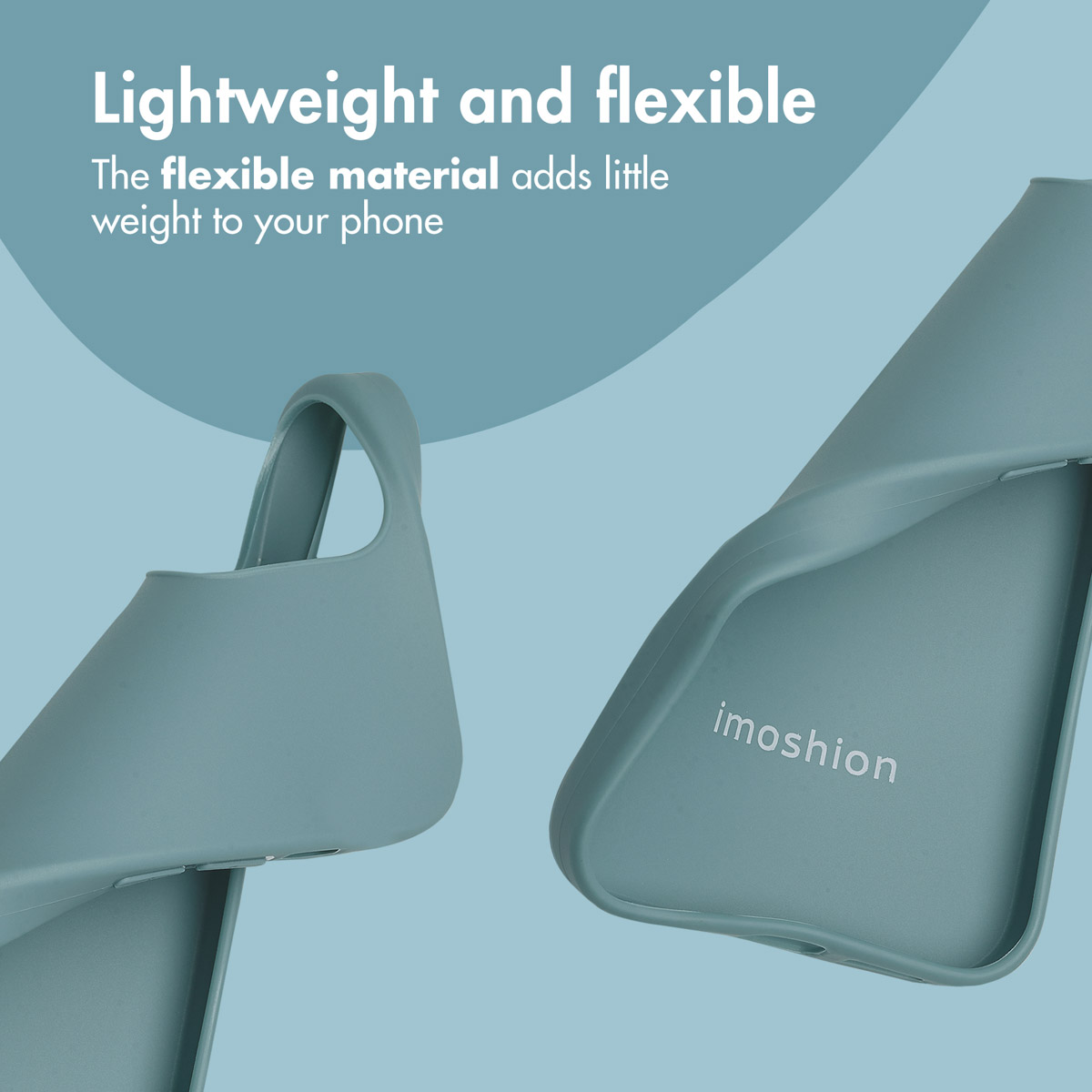 Coque de téléphone souple bleue avec le texte imoshion sur fond bleu clair et texte en haut.