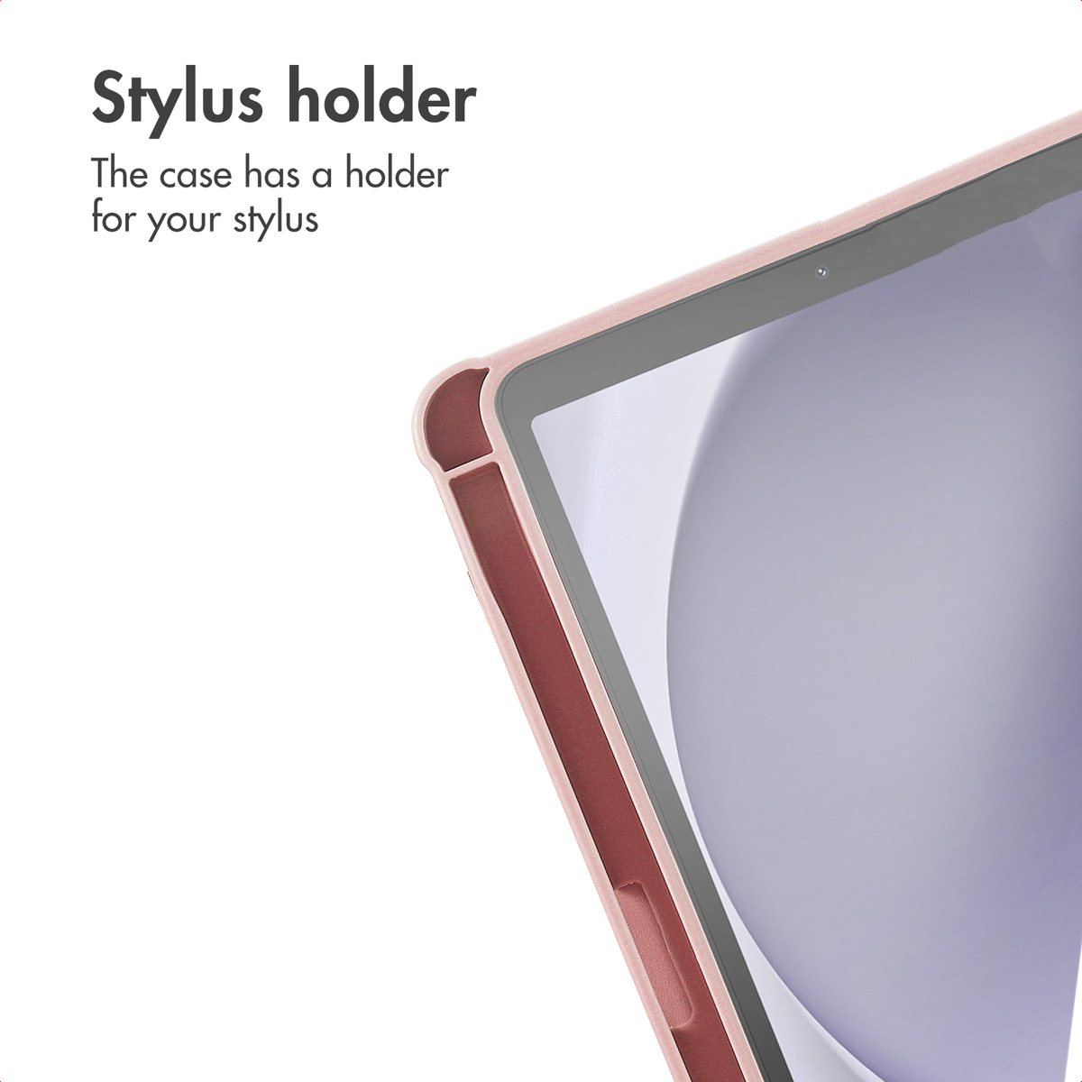 Close-up of a pink tablet case featuring an integrated stylus holder along the side.