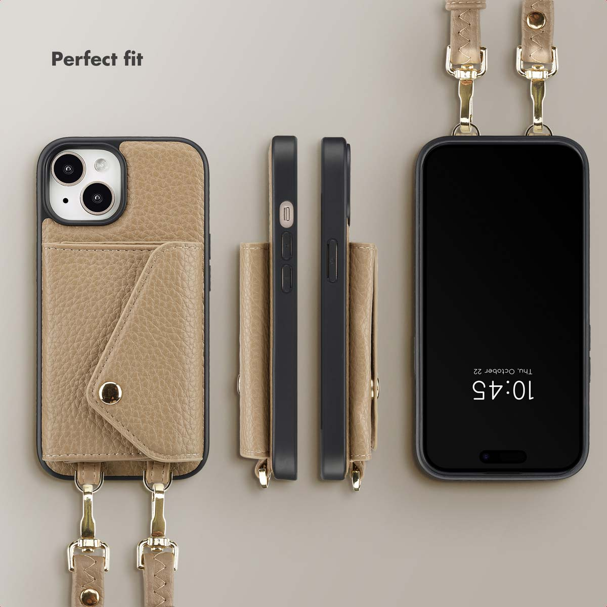 Beige leren telefoonhoesje met kaartsleuf, knoppen, zijkanten en afneembare draagriem, vanuit meerdere hoeken.