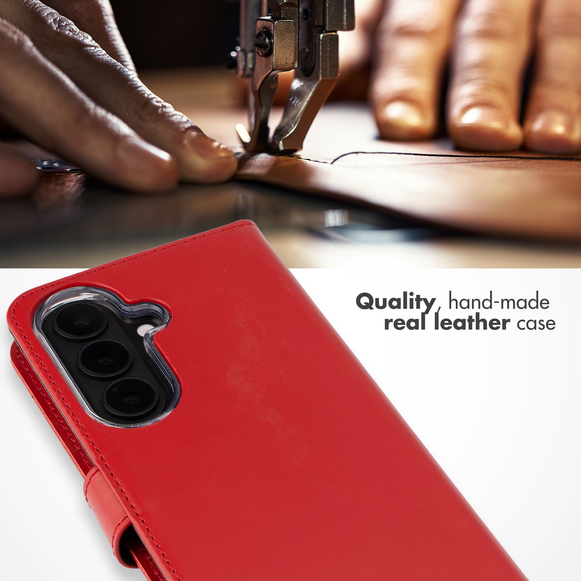 Custodia per telefono in pelle rossa con tre fotocamere e mani che cuciono pelle con una macchina sullo sfondo.