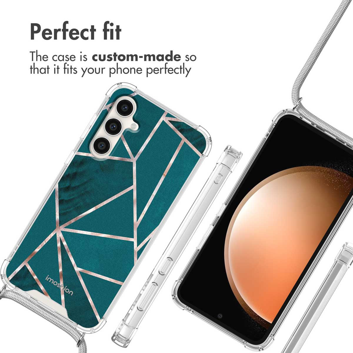 Un smartphone dans une coque géométrique bleu sarcelle et or rose avec lanière, vu de face et de dos.