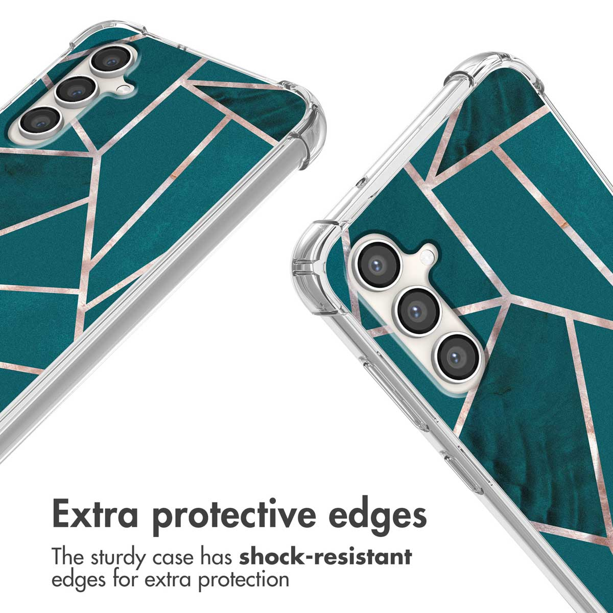Une coque de téléphone bleu sarcelle avec des lignes géométriques or rose et des coins antichocs.
