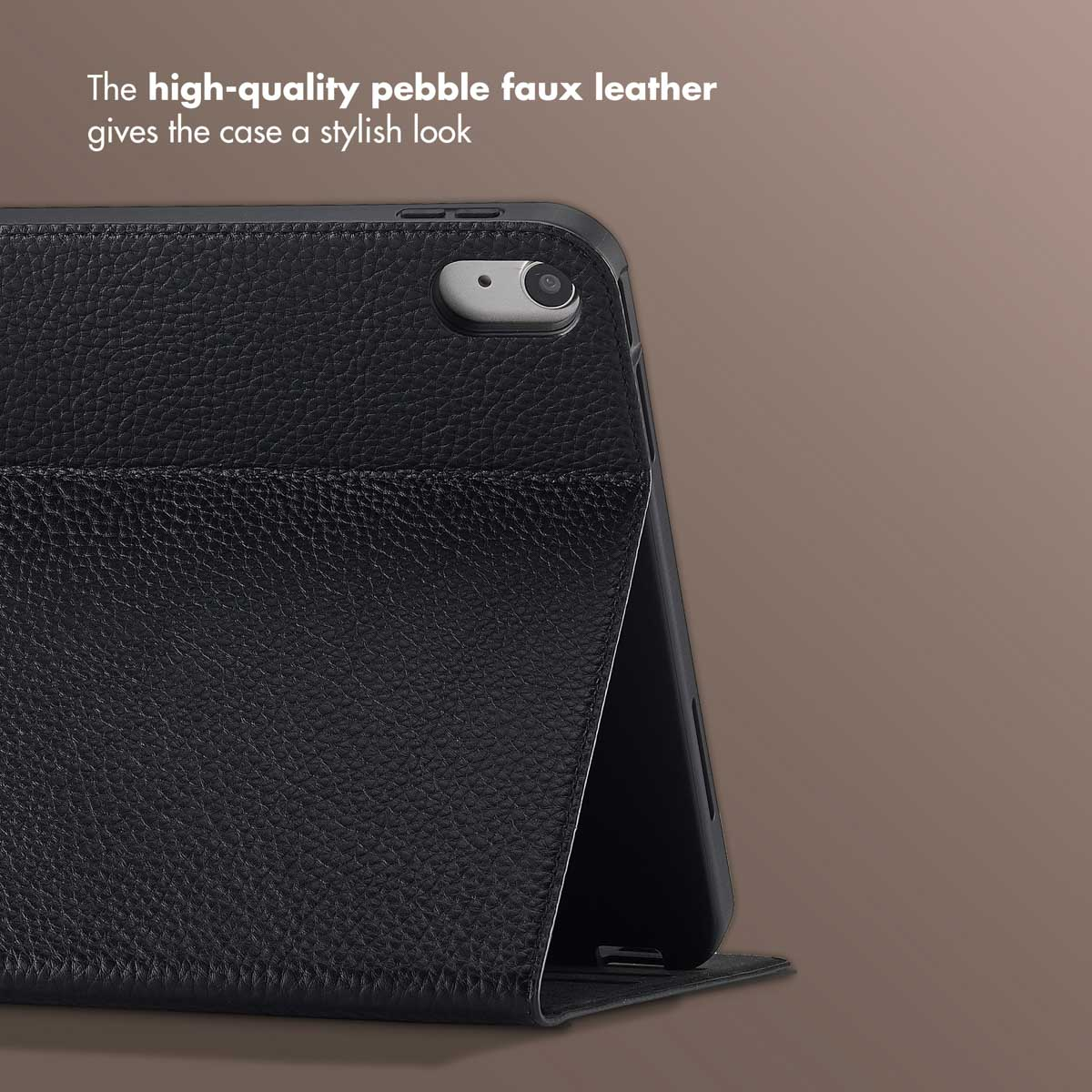 Black faux leather tablet case with camera cutout and promotional text above.
