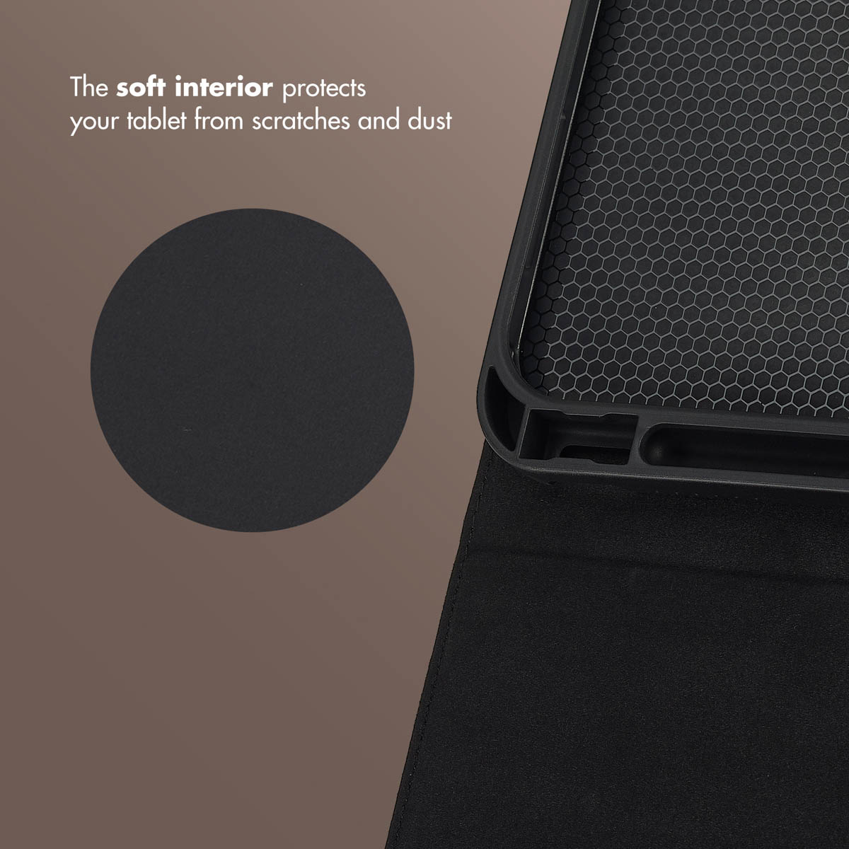 A black tablet case with a honeycomb interior pattern and text about tablet protection against scratches and dust.