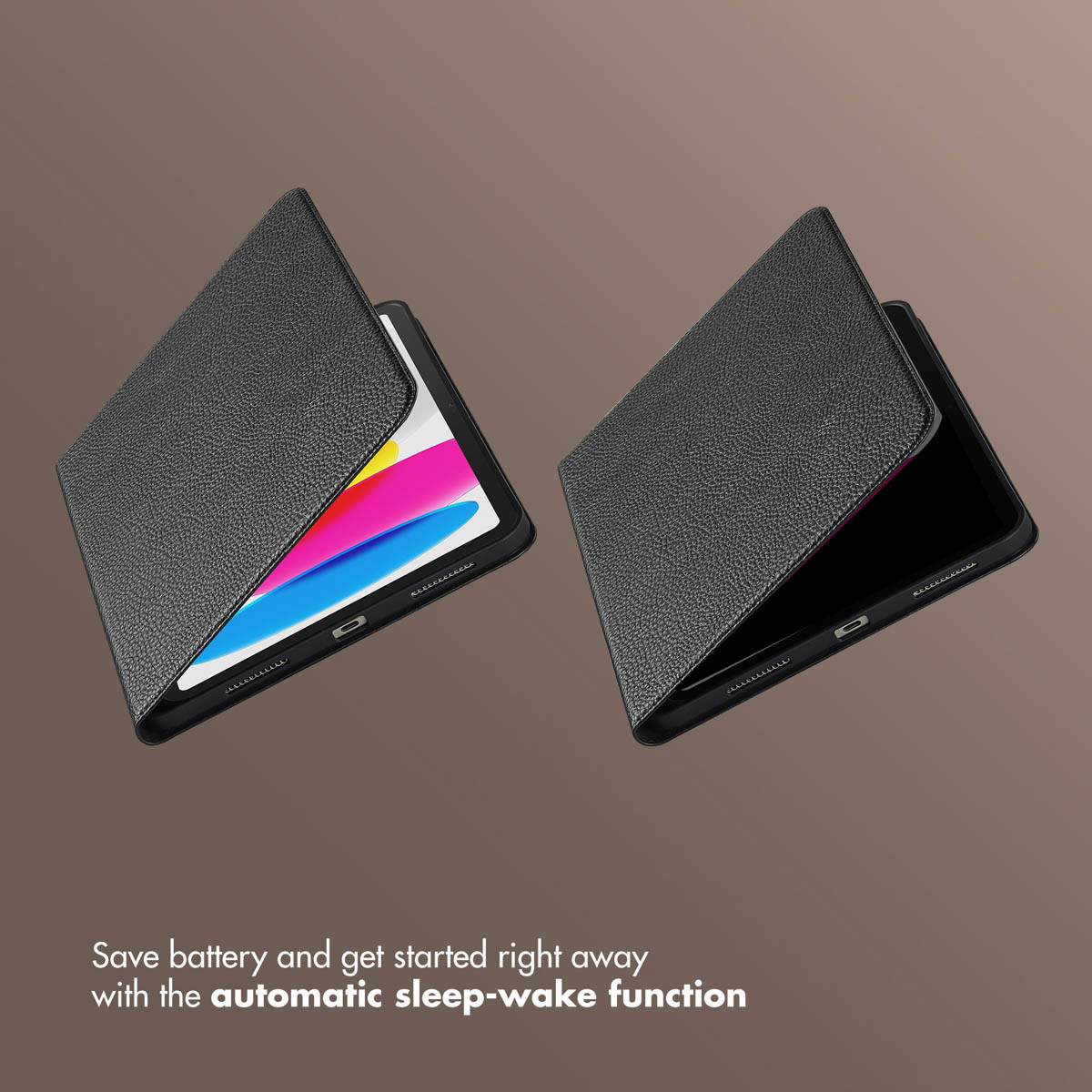 Two black tablet cases, one opens a colorful display, the other turns it off.