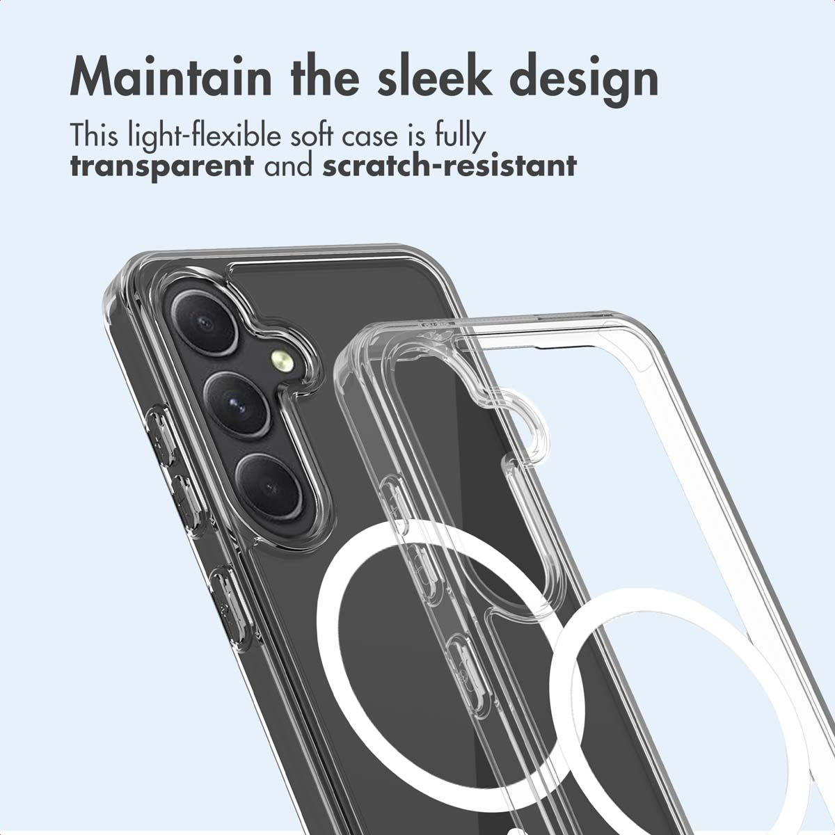 Transparente Schutzhülle für ein Smartphone mit Kamera auf der Rückseite und aufgedrucktem Text darüber.