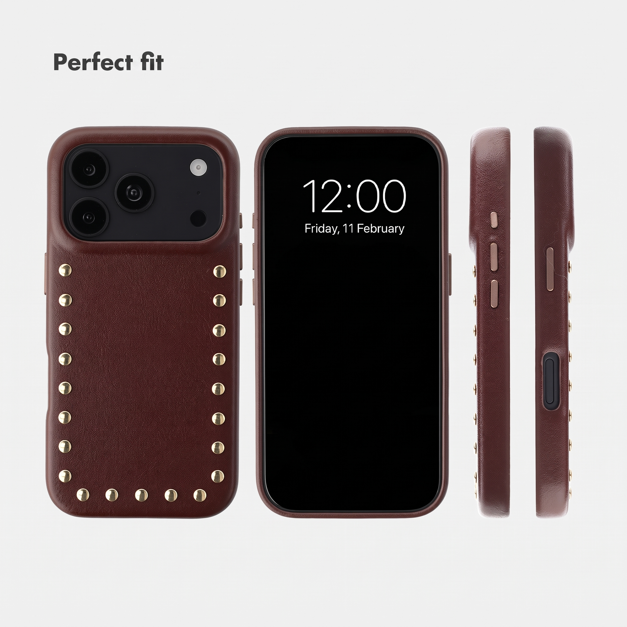 Coque de téléphone en cuir marron avec des clous dorés, vue sous différents angles.