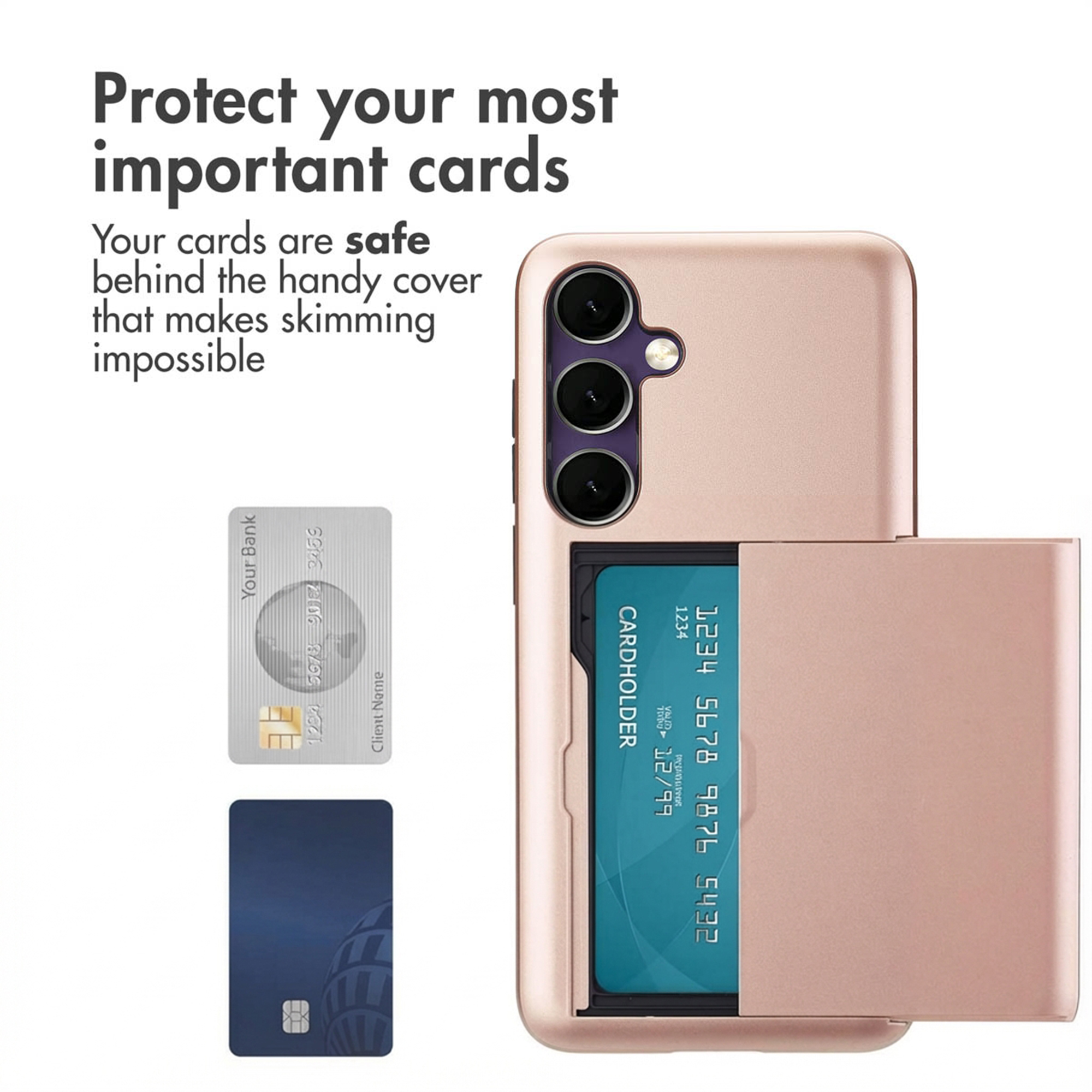 Rosegoldenes Smartphone mit Kartenetui auf der Rückseite, zwei Karten und Werbetext daneben.