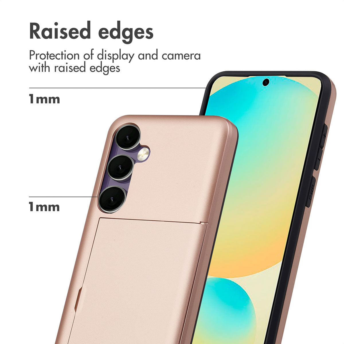 Ein Smartphone in einem Roségold-Etui mit 1 mm erhöhten Rändern für Kamera- und Display-Schutz.