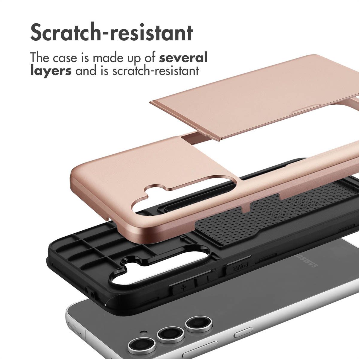 Explosionsdarstellung einer kratzfesten, mehrschichtigen roségoldenen und schwarzen Handyhülle über einem Smartphone.