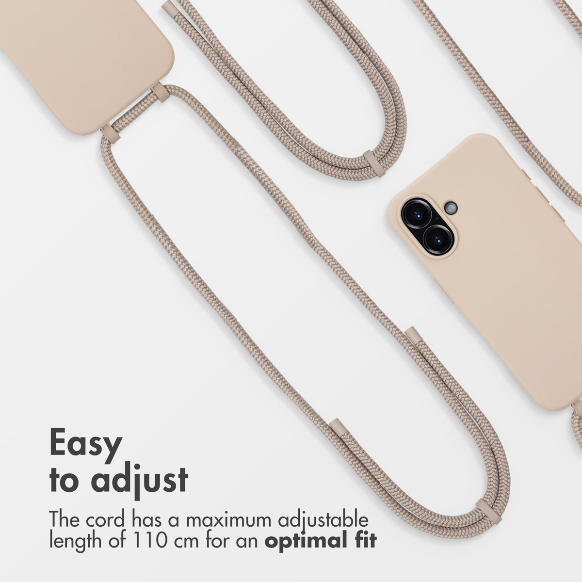 Custodia per telefono beige con cordino regolabile su sfondo chiaro, con testo sulla lunghezza del cordino.