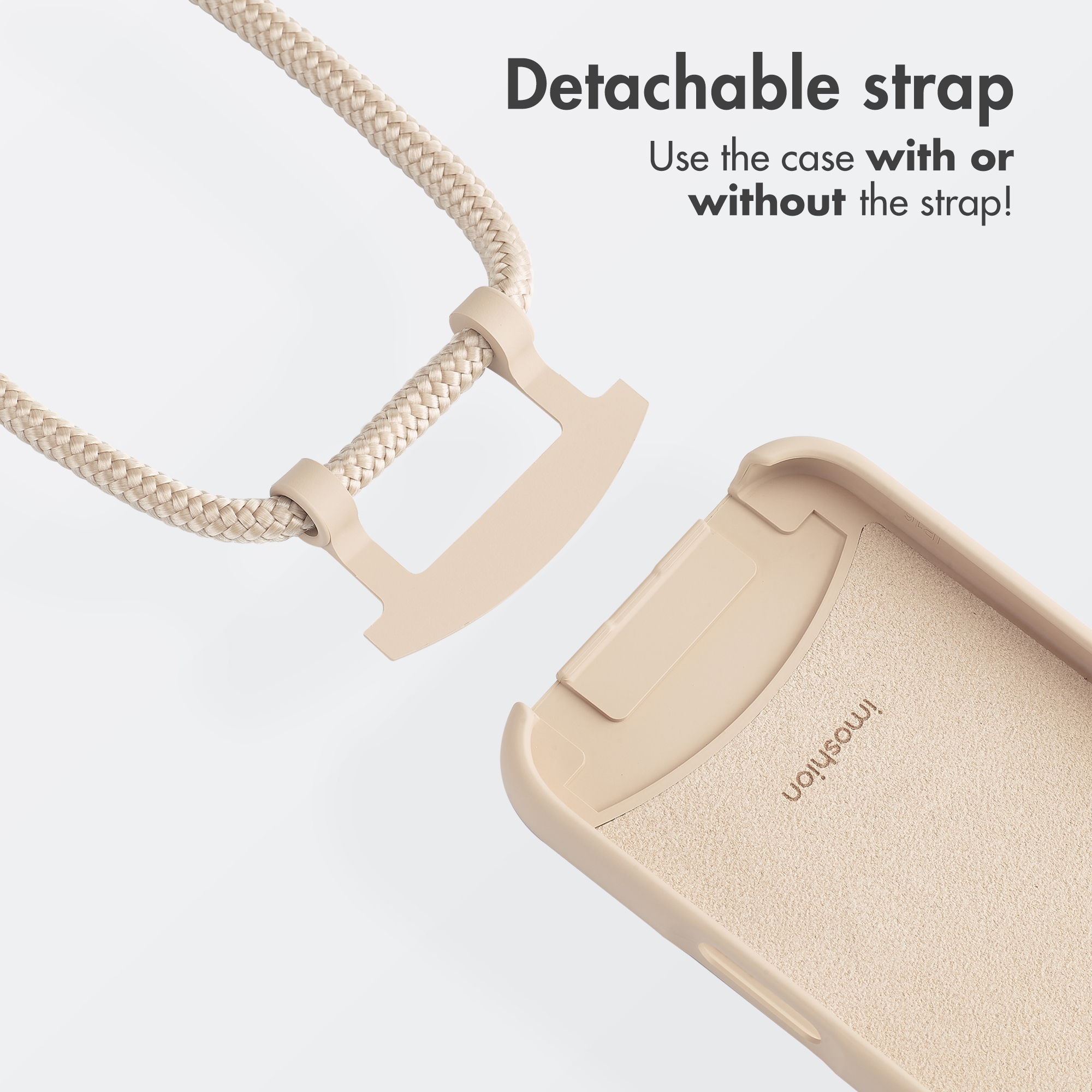 Custodia per telefono beige con cinturino staccabile e testo.