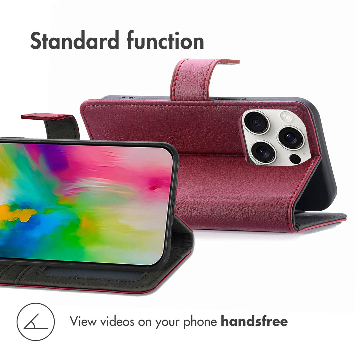Un étui à rabat en cuir rouge pour smartphone montrant la fonction support pour visionner des vidéos.