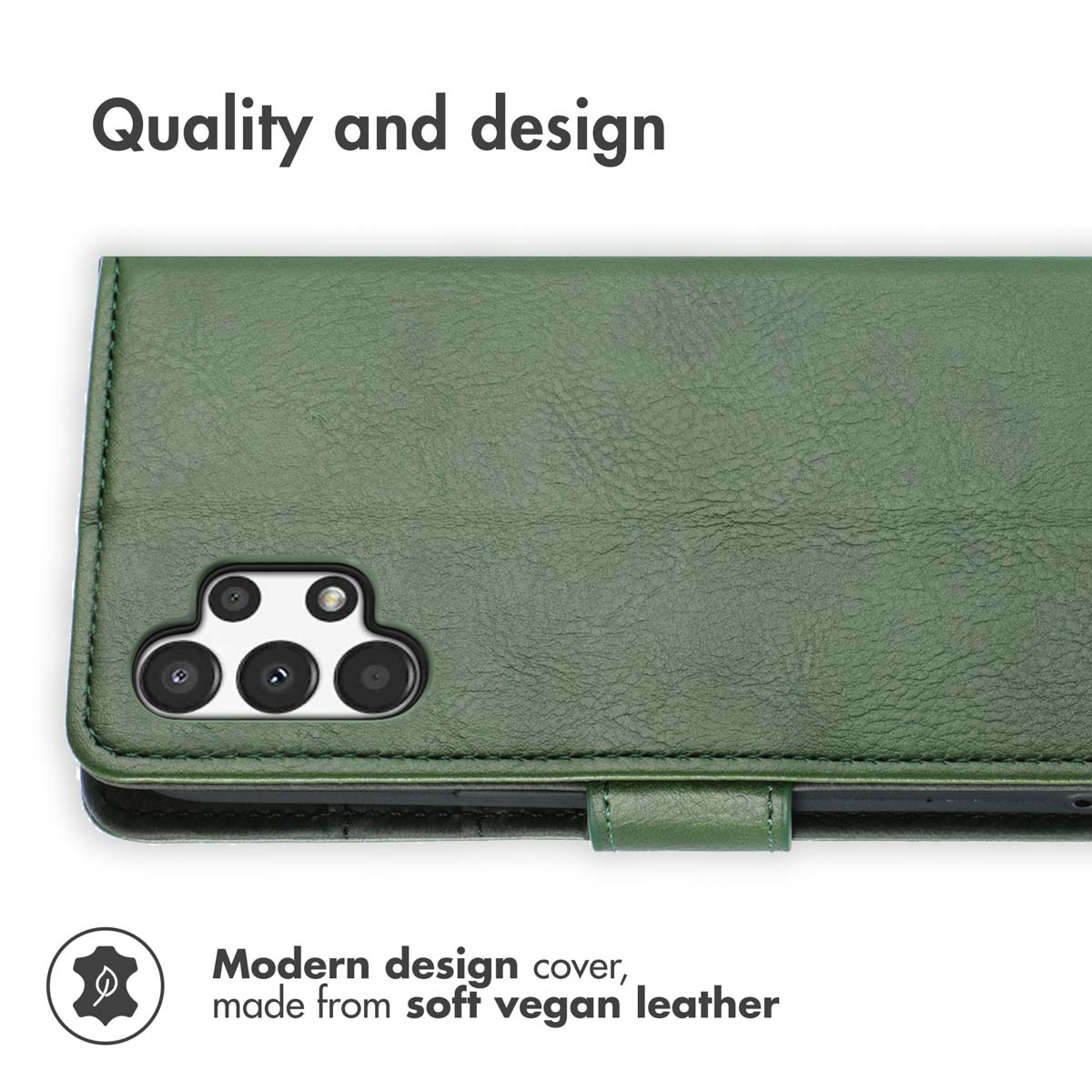 Een groen veganistisch leren telefoonhoesje met camera-uitsparingen.