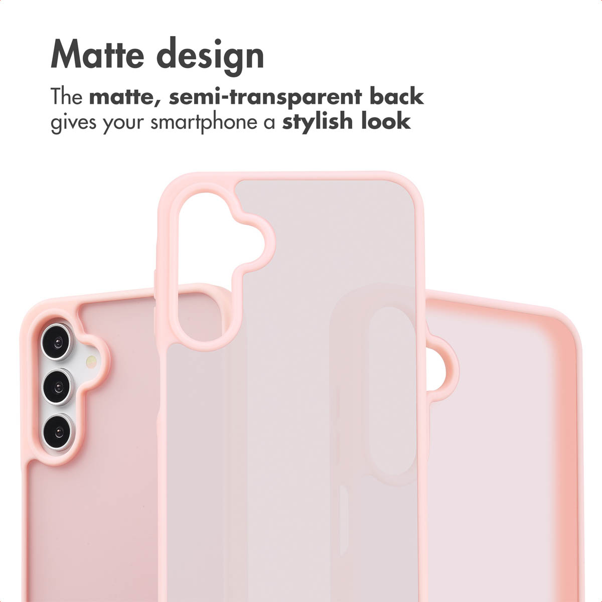 Fundas para teléfonos móviles rosas, mate y semitransparentes sobre fondo blanco con texto.