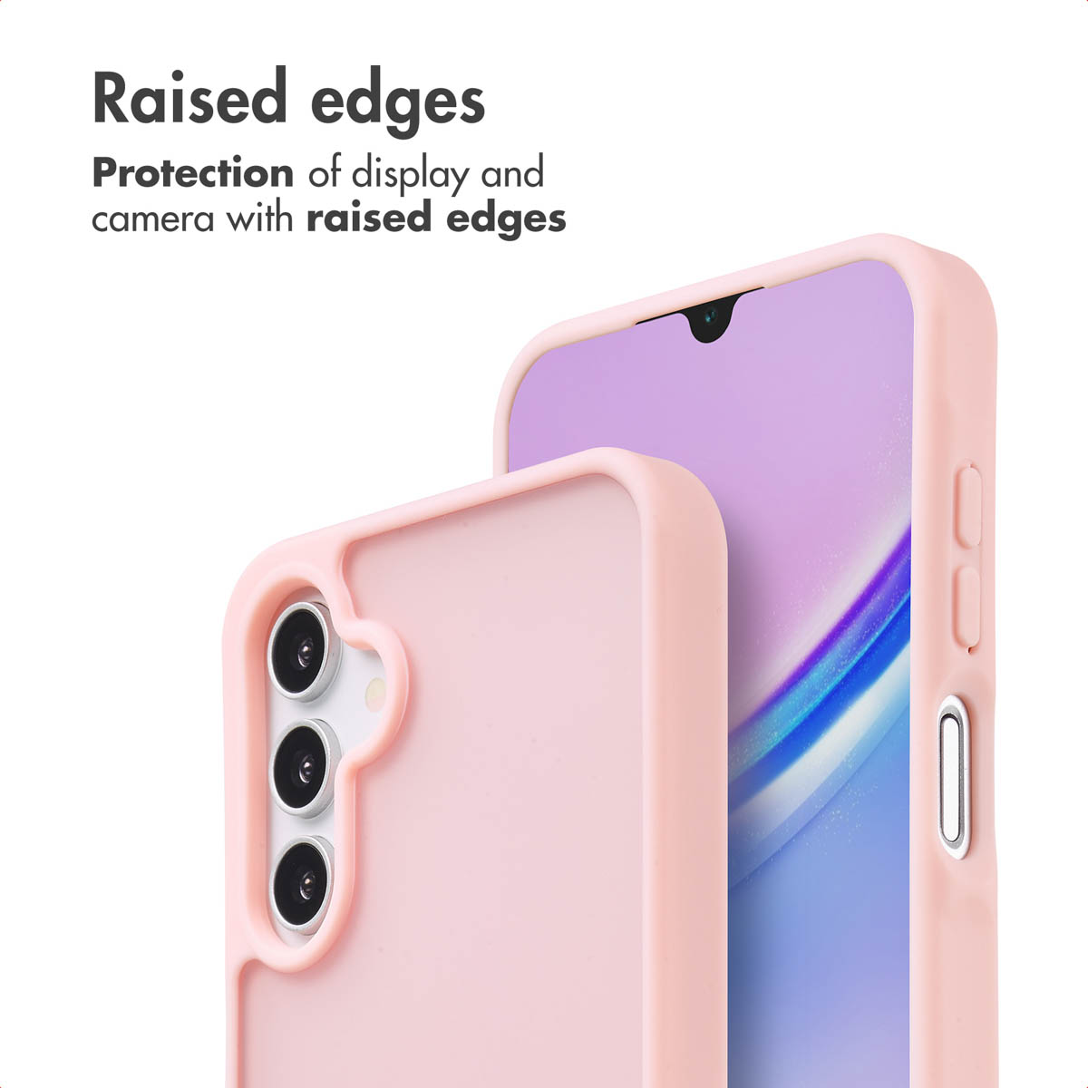 Dos fundas de móvil rosas en smartphones destacando bordes elevados para proteger pantalla y cámara.