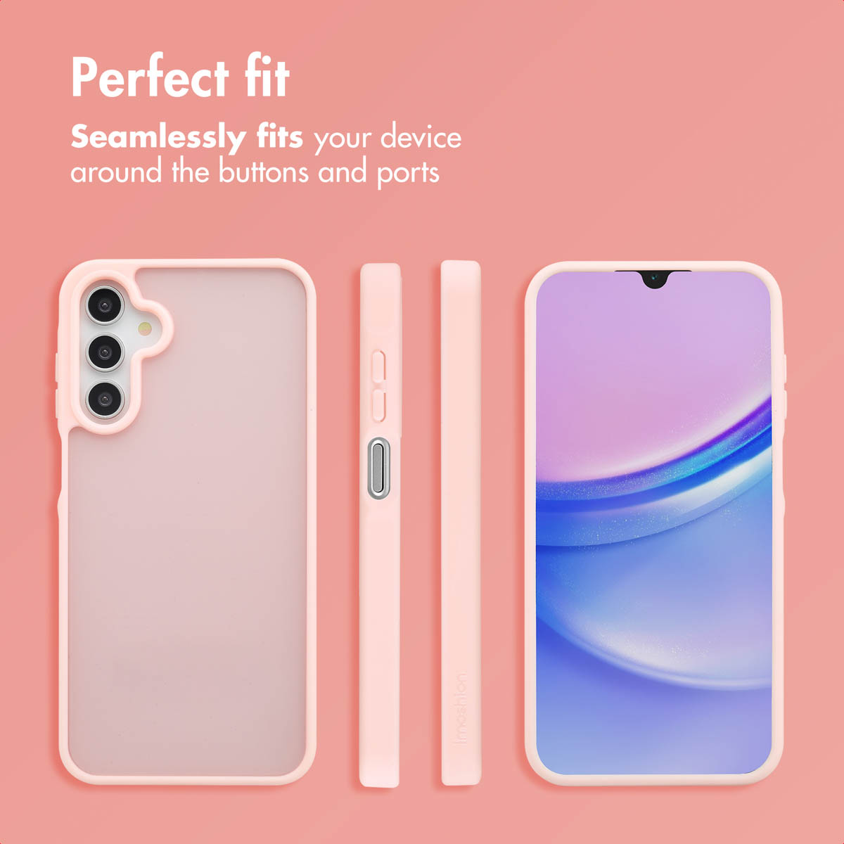 Funda de smartphone rosa mostrada desde varios ángulos sobre un fondo rosa con texto.