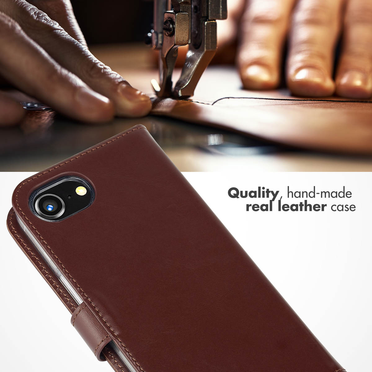 Coque de téléphone en cuir marron fait main au premier plan, avec du cuir cousu en arrière-plan.