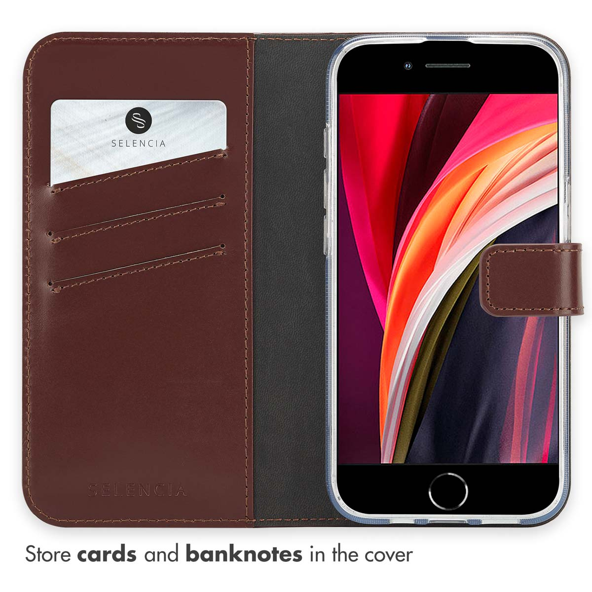 Étui portefeuille en cuir marron avec fente pour carte et smartphone.
