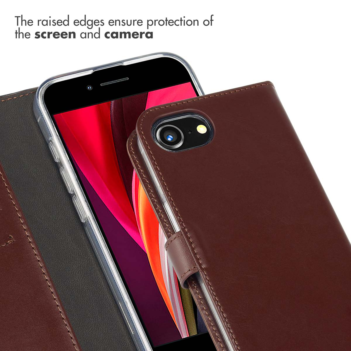 Étui de téléphone en cuir marron montrant des bords surélevés pour la protection.